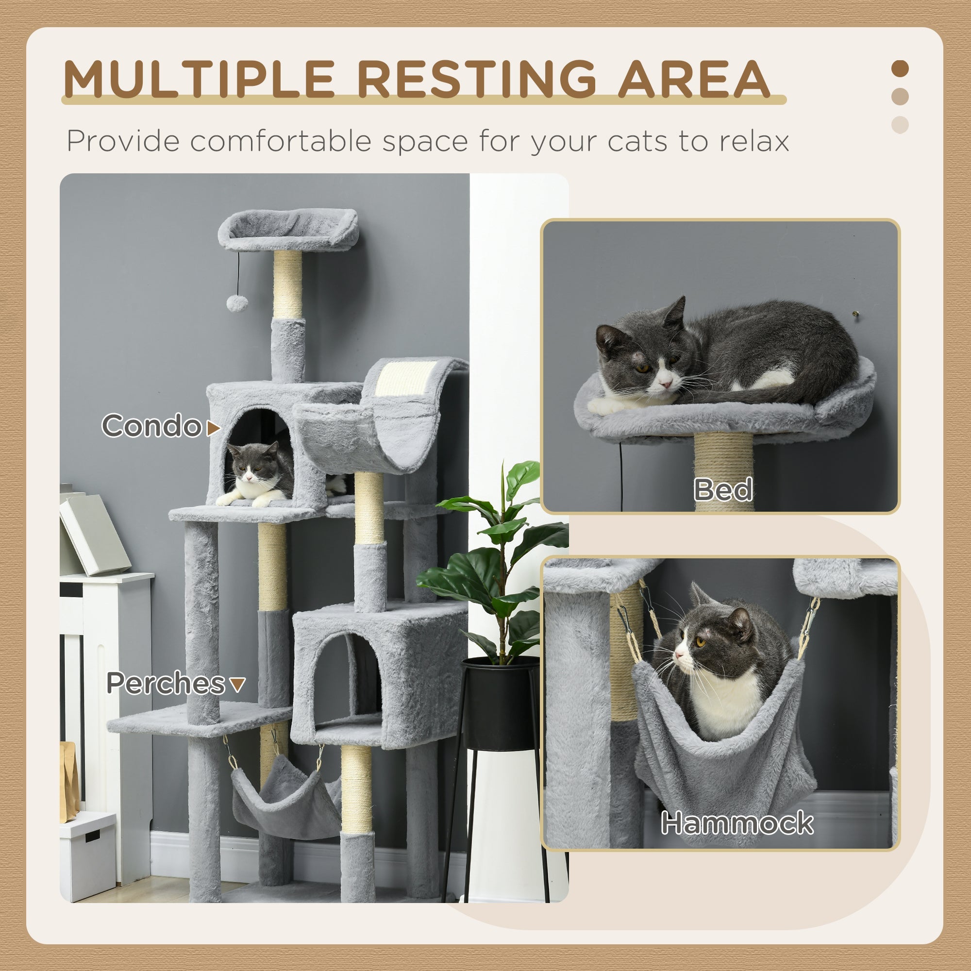 Easycomfort Albero per Gatti with Amaca, Lettino e 2 Casette, in Truciolato e Peluche, 55x49x177 cm, Grigio e white