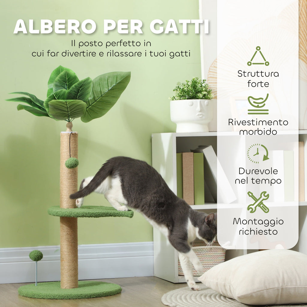 EasyComfort Albero per Gatti con Palo Tiragraffi, Piattaforme e Palline, in Peluche e Truciolato, Ø40x83 cm, Verde