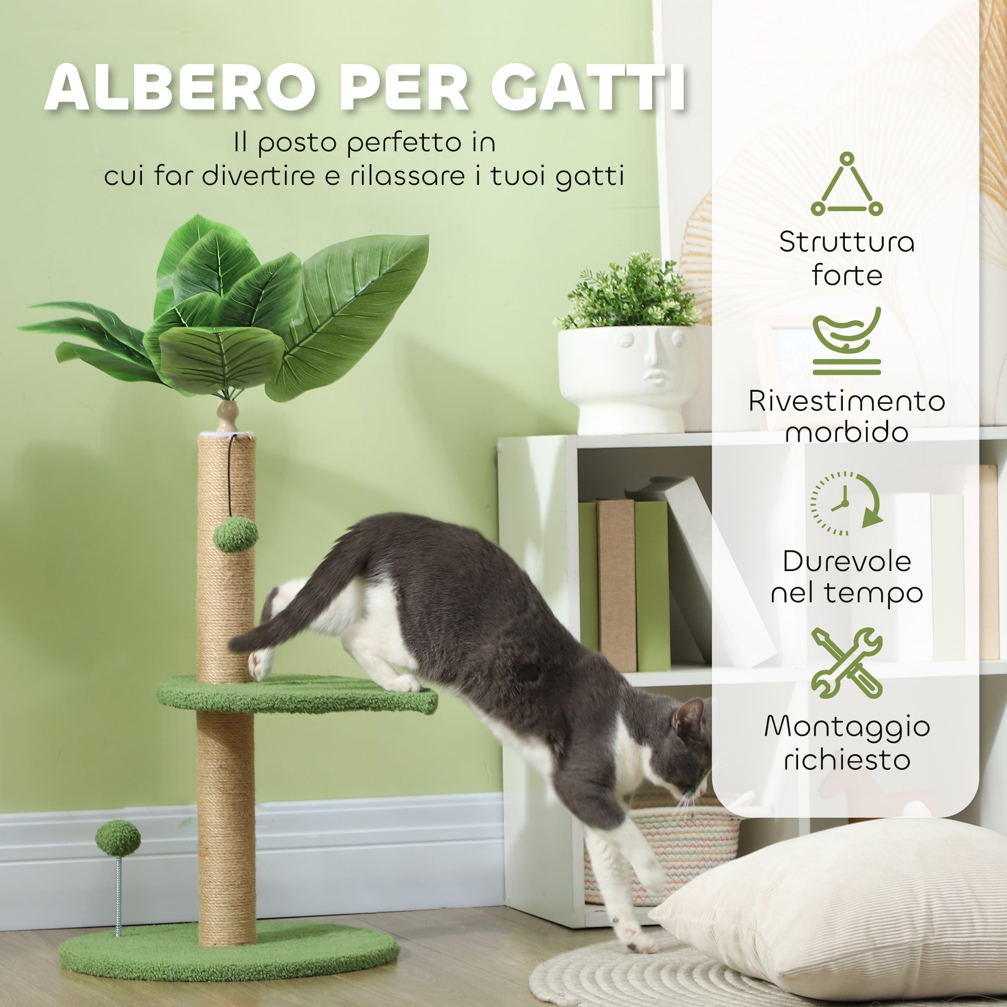 EasyComfort Albero per Gatti con Palo Tiragraffi, Piattaforme e Palline, in Peluche e Truciolato, Ø40x83 cm, Verde