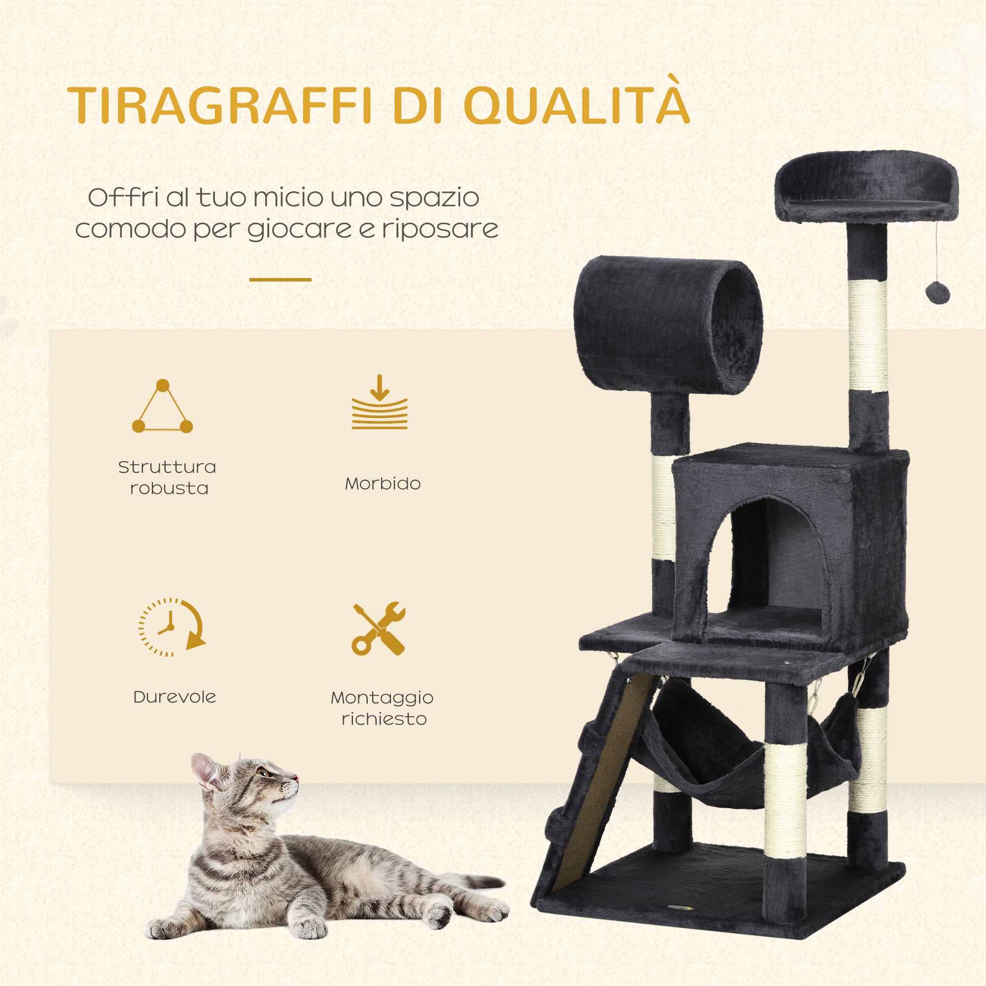 EASYCOMFORT Cat Tree with Cat Scratching Post, Cat House, Hammock, Bed, Tunnel and Ball, 48x48 x125 cm, Dark Gray