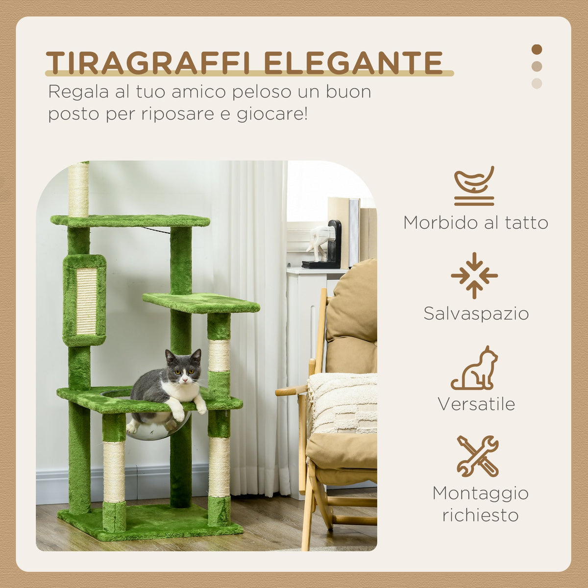 EasyComfort Kattenklimpaal meerlagig met hangmat 49x49x142 cm Groen