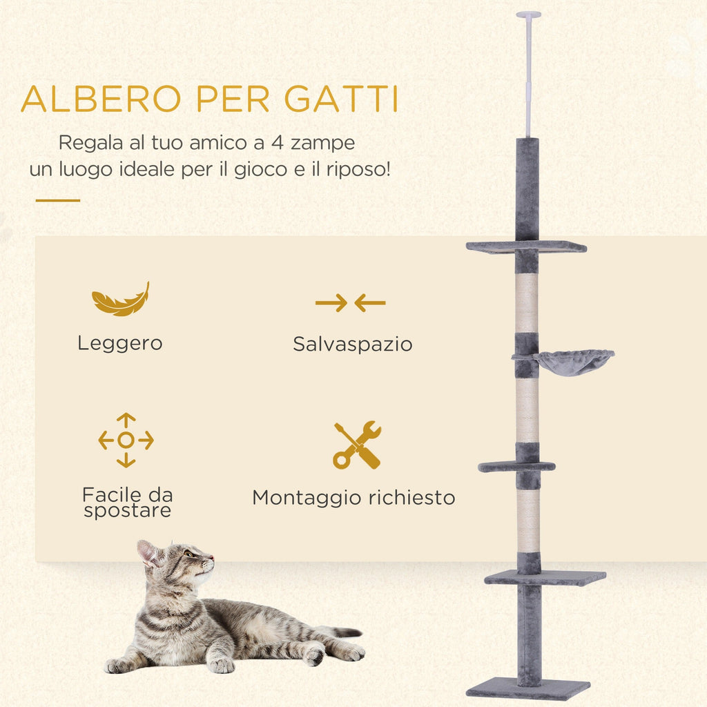 EasyComfort Albero Tiragraffi a 4 Livelli ad Altezza Regolabile, in Truciolato, Peluche e Sisal, 40x34x230-260 cm, Grigio