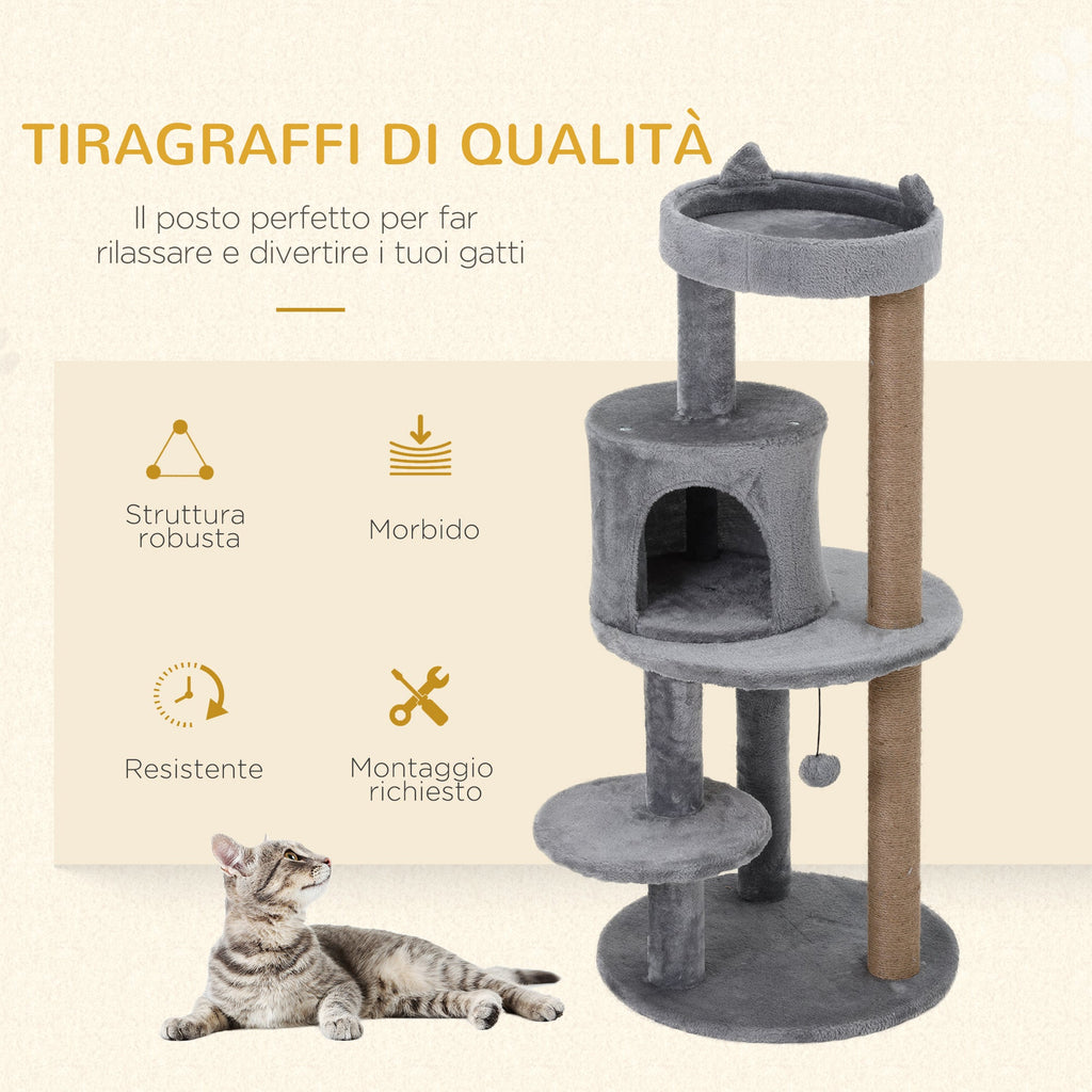 EASYCOMFORT Scratching Tree for 1-2 Cats weighing 4.5kg, Gym Castle for Cats with 3 Levels, Kennel, Bed and Sisal Rope Pole, Gray 48x48x104cm