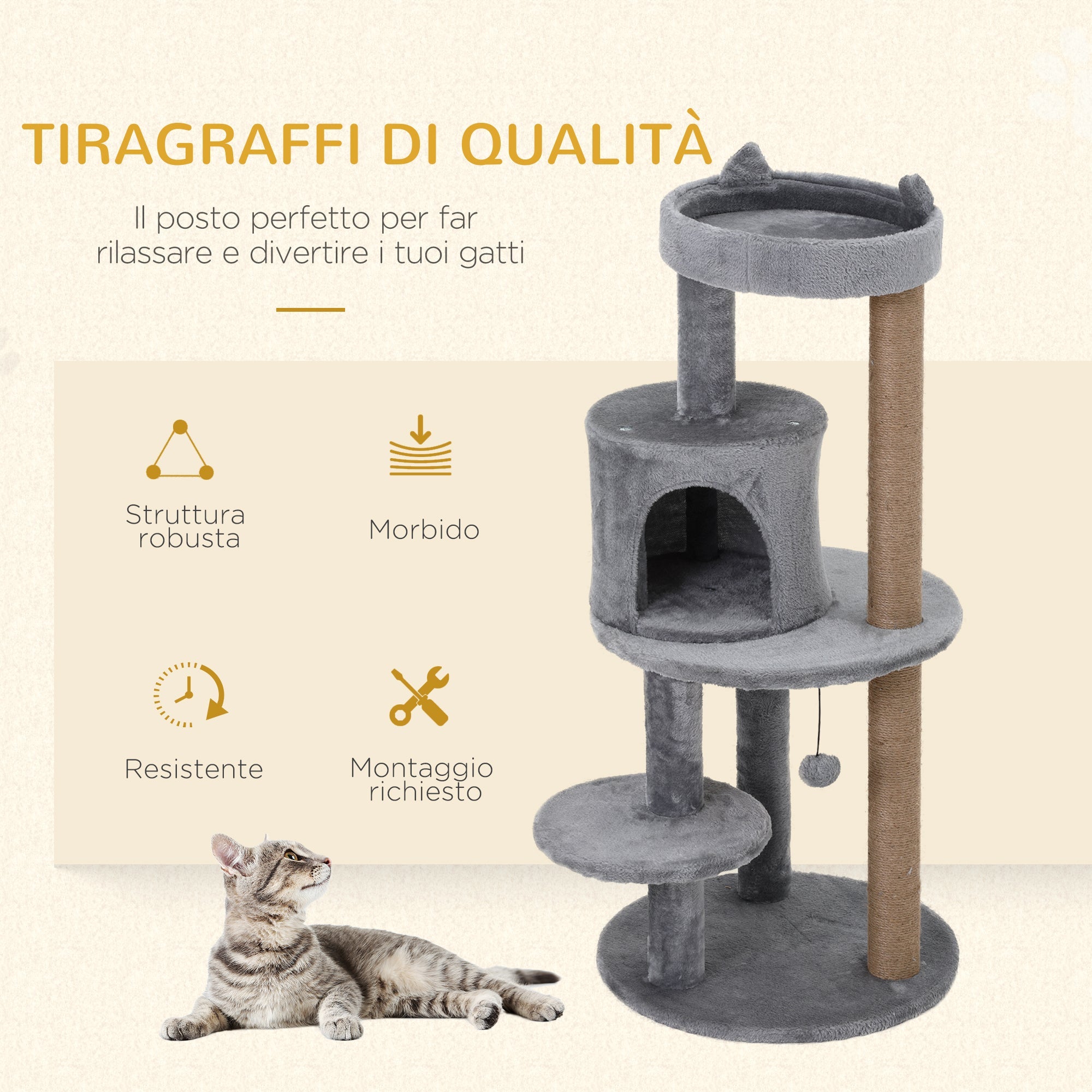 EASYCOMFORT Scratching Tree for 1-2 Cats weighing 4.5kg, Gym Castle for Cats with 3 Levels, Kennel, Bed and Sisal Rope Pole, Gray 48x48x104cm