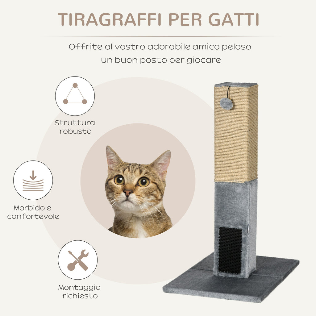 EasyComfort Albero Tiragraffi per Gatti con 2 Palline Giocattolo e Spazzola, in Legno, Iuta e Peluche, 59.5x39x79 cm, Grigio
