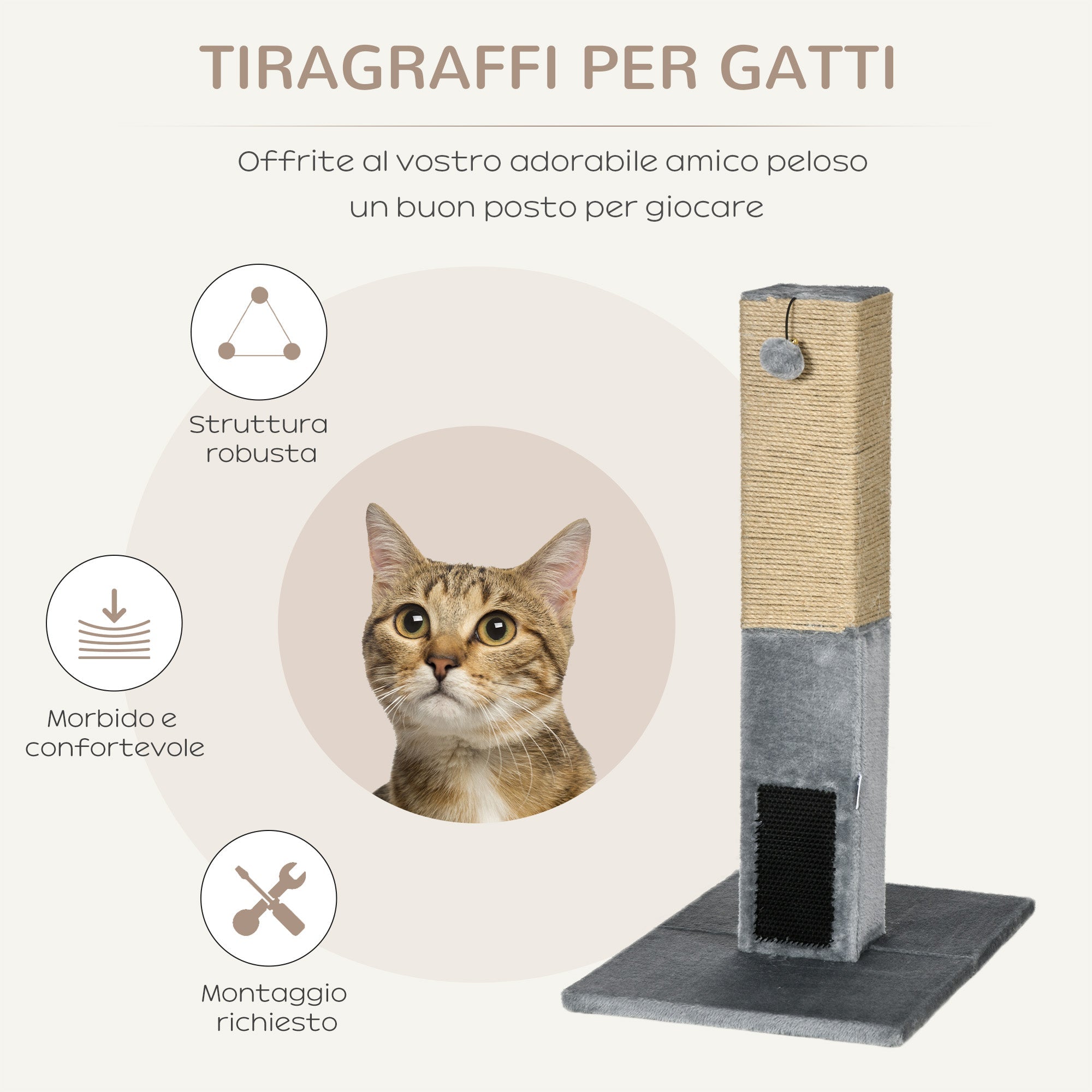 EasyComfort Albero Tiragraffi per Gatti con 2 Palline Giocattolo e Spazzola, in Legno, Iuta e Peluche, 59.5x39x79 cm, Grigio