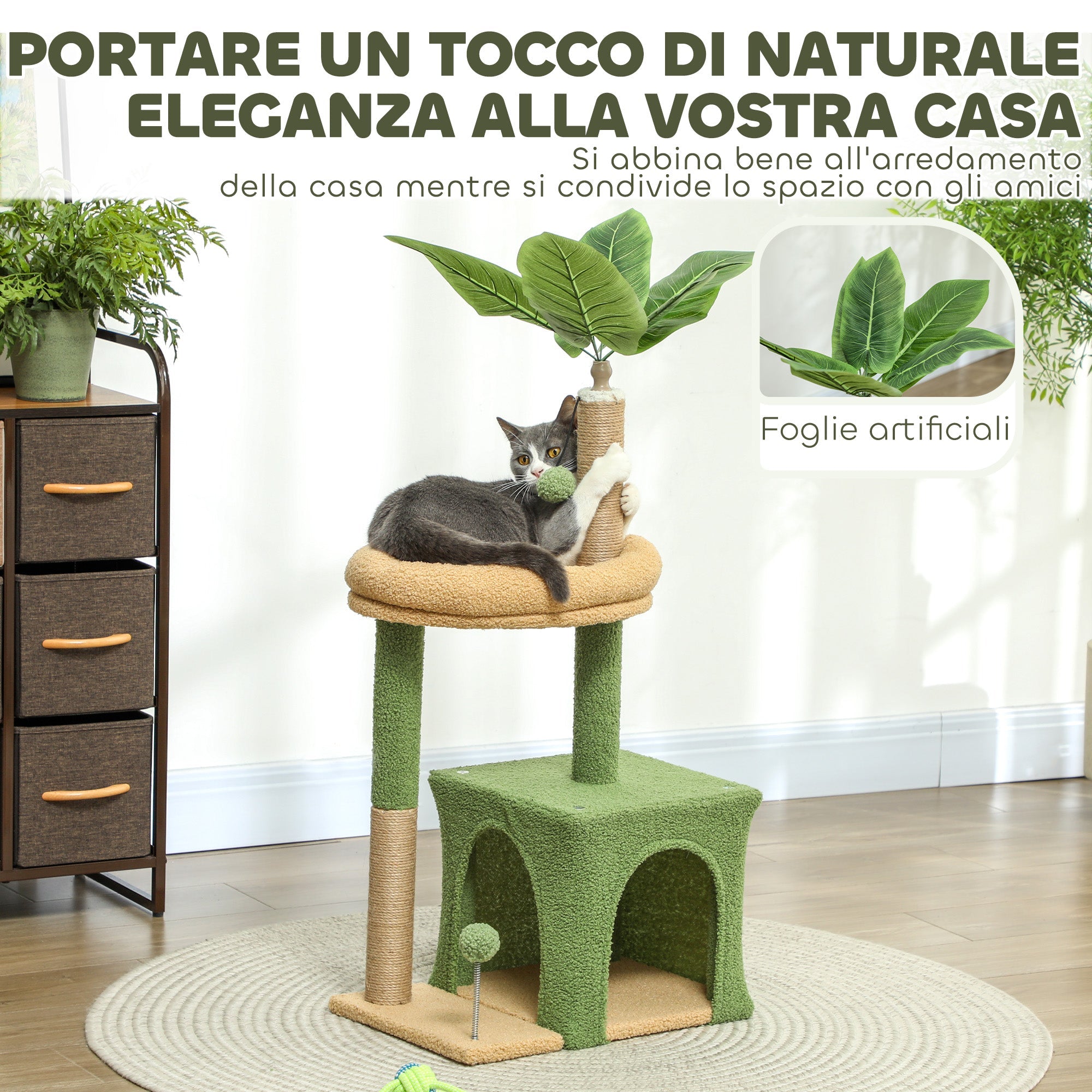 EasyComfort Albero Tiragraffi per Gatti with Casetta, Lettino e 2 Palline, in Legno e Poliestere, 44x30x98 cm, Verde e Marrone