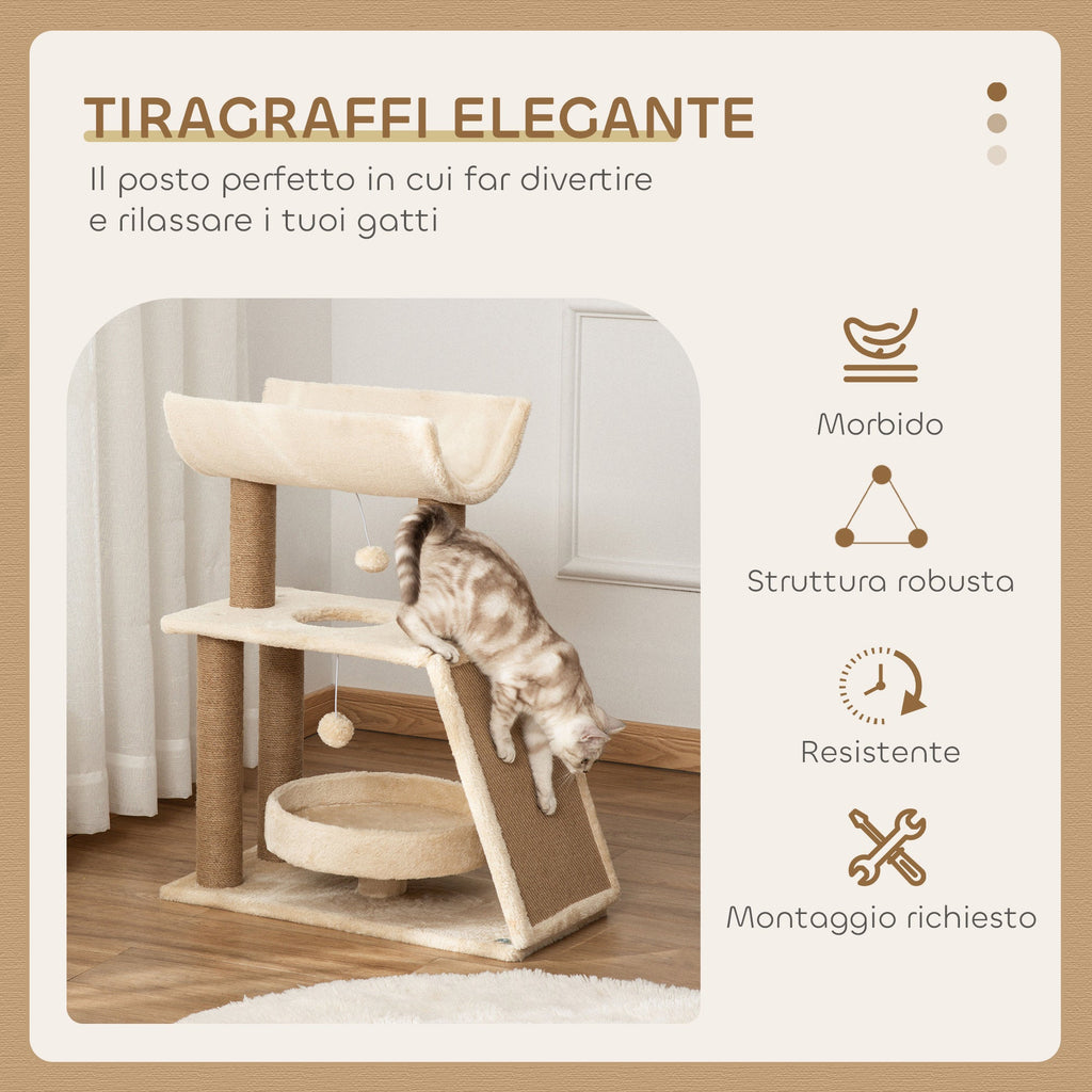 EasyComfort Albero Tiragraffi per Gatti con Lettino, Cuccia e Tappetino, in Legno, Peluche e Sisal, 60x30x76 cm, Marrone Chiaro