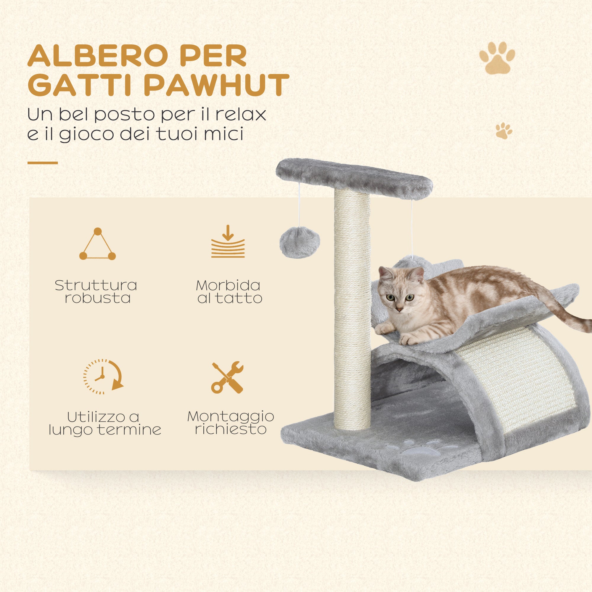 EasyComfort Albero Tiragraffi per Gatti in Peluche con Palo in Sisal, Cuccia e 2 Palline, 40x30x43cm, Grigio
