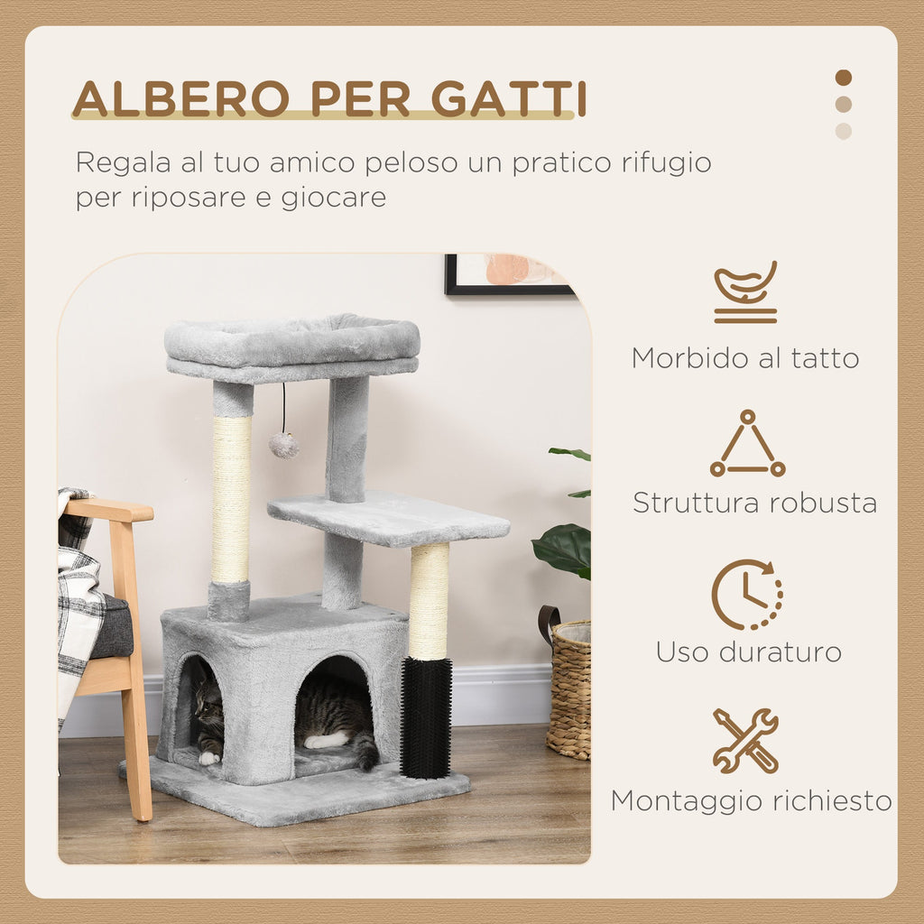EasyComfort Albero Tiragraffi per Gatti Multilivello con Lettino e Casetta, Rivestimento in Peluche, Grigio