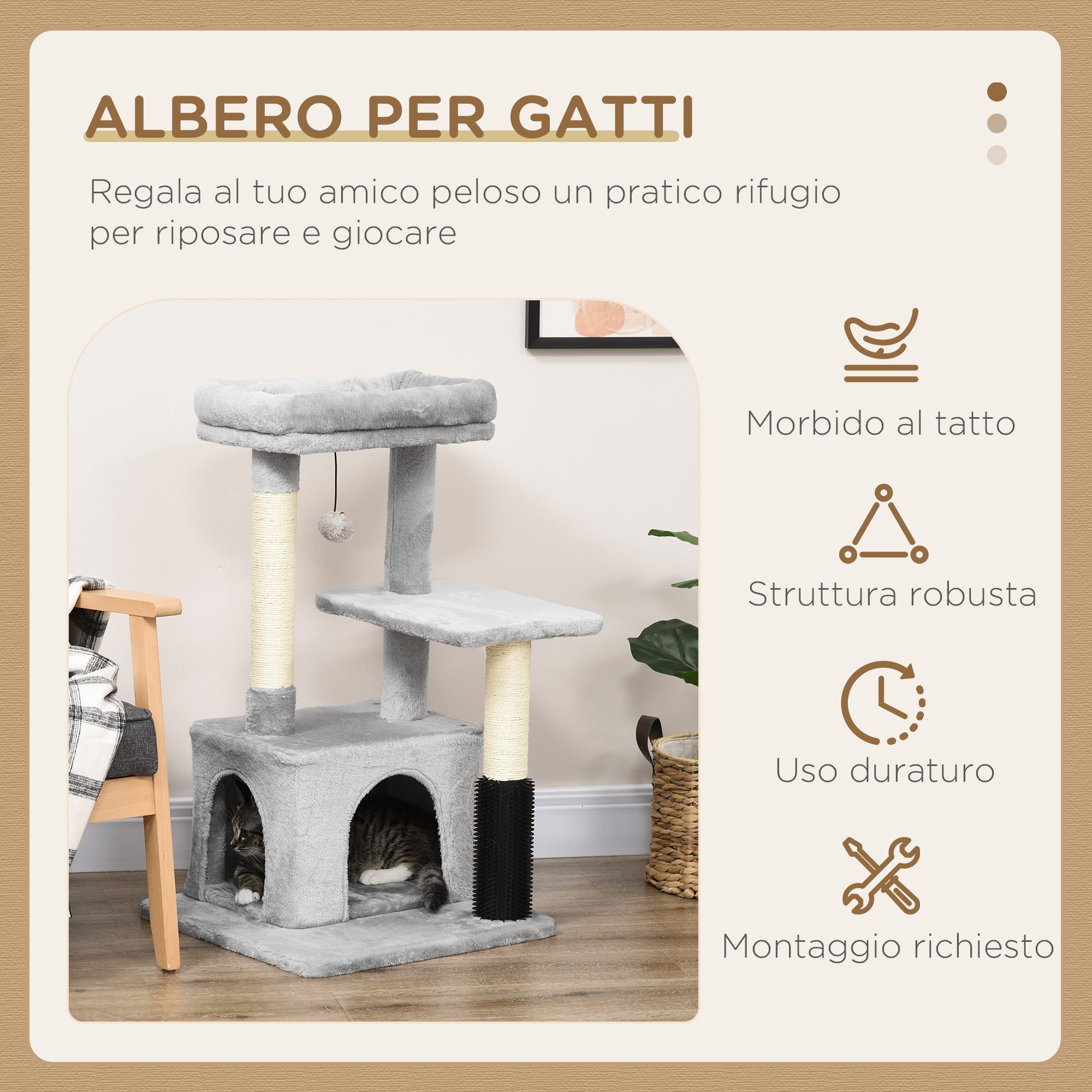 EasyComfort Albero Tiragraffi per Gatti Multilivello con Lettino e Casetta, Rivestimento in Peluche, Grigio