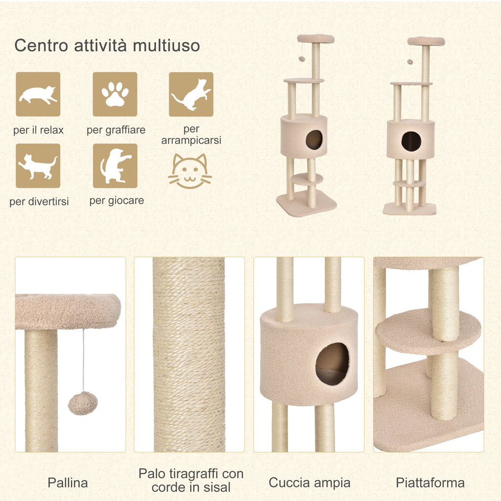 EASYCOMFORT Sturdy Scratching Post for Cats with 5 Levels, Kennel, House, Games and Sisal Rope, Beige, Max 30kg