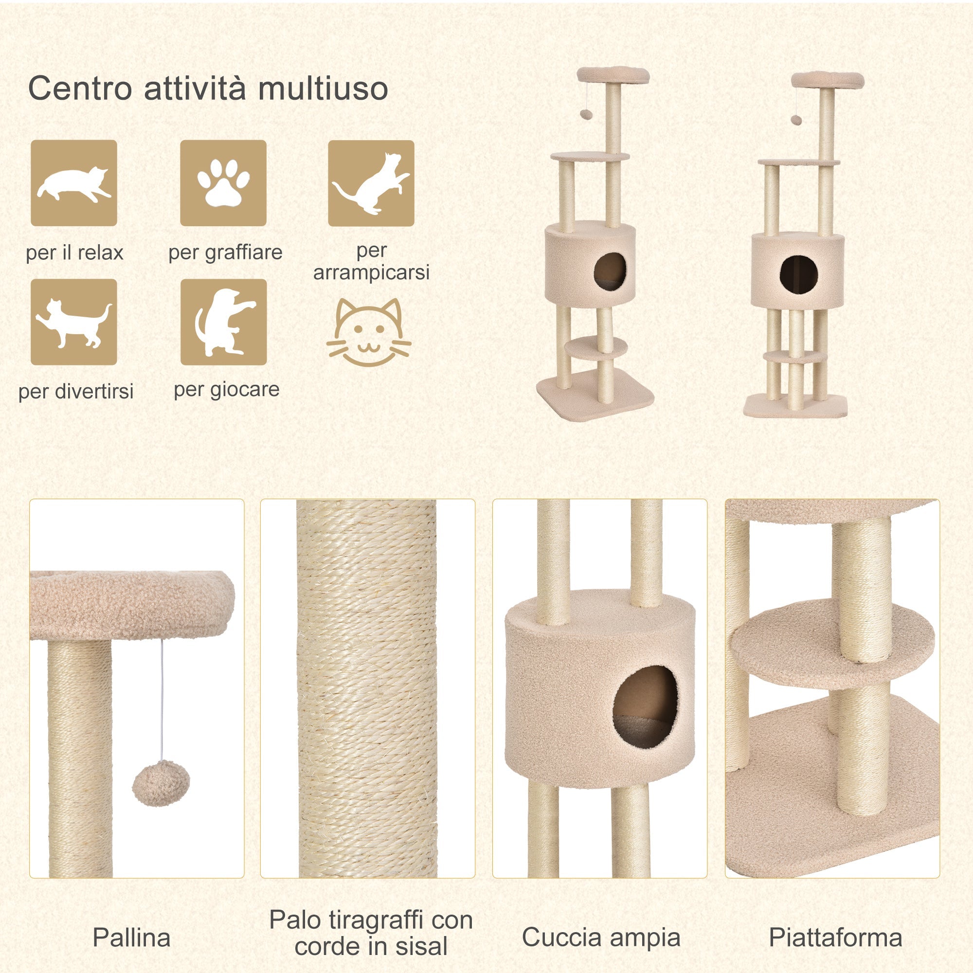 EASYCOMFORT Sturdy Scratching Post for Cats with 5 Levels, Kennel, House, Games and Sisal Rope, Beige, Max 30kg