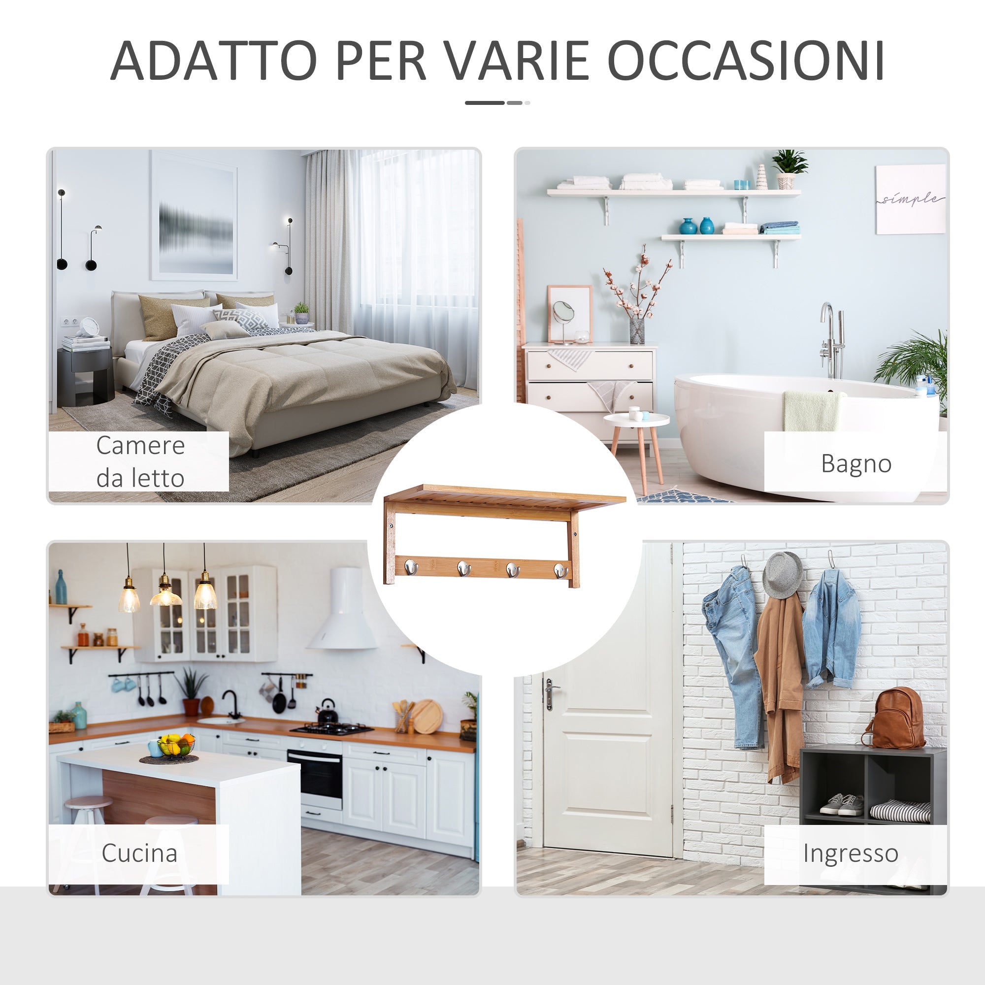 Easycomfort Appendiabiti with Mensola Attaccapanni wall-mounted with Ripiano Bambù 50 × 16 × 17.5cm