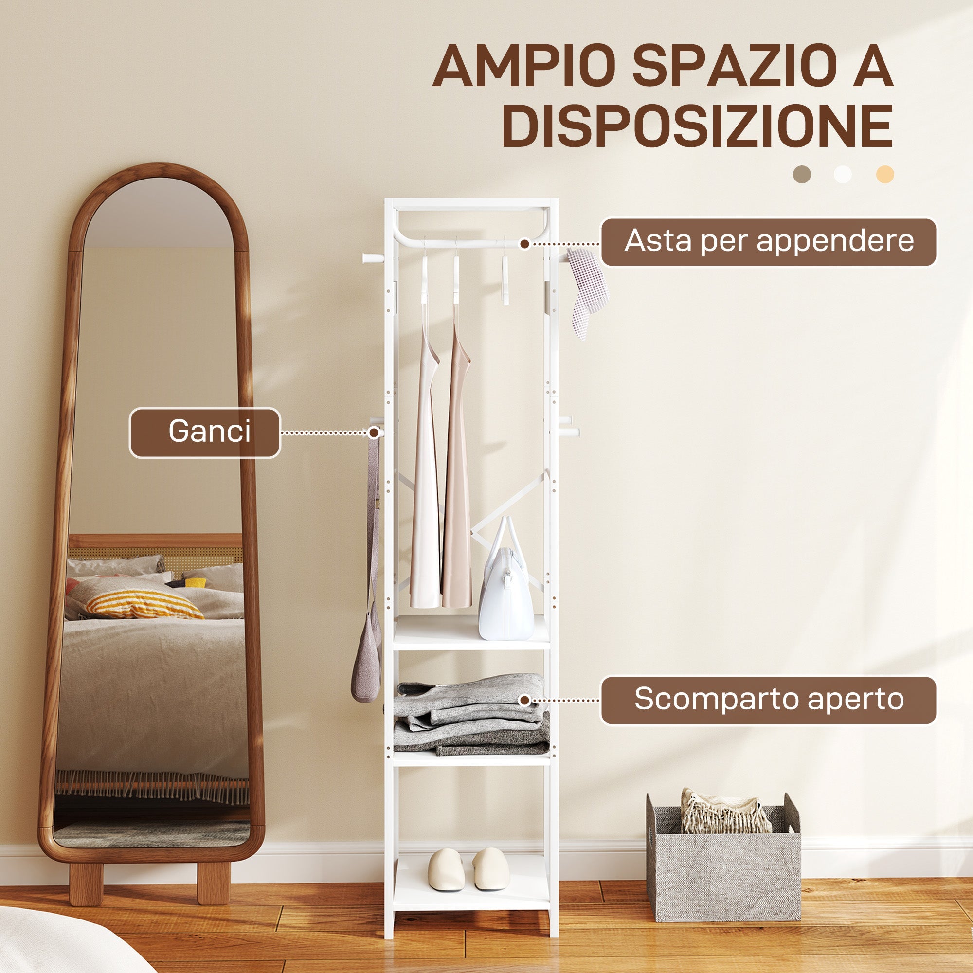 EasyComfort Appendiabiti da Terra - Vrijstaande kapstok met kledingstang en 2 open planken, 38.5x30x170 cm