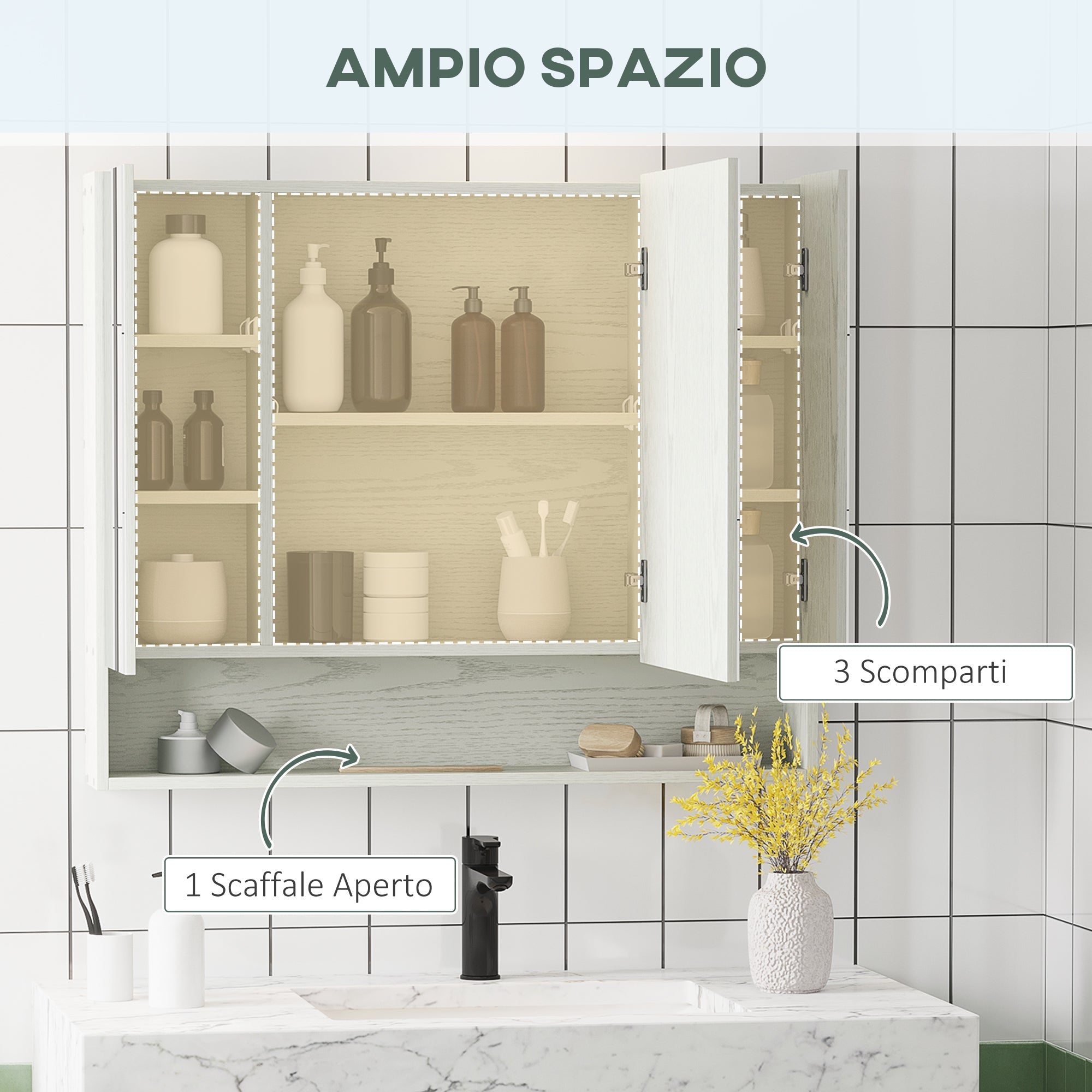 EasyComfort Armadietto Moderno da Bagno with Specchio a 4 Sezioni with Ripiani Regolabili, wall-mounted in Legno e Vetro, 90x15x75 cm, Grigio
