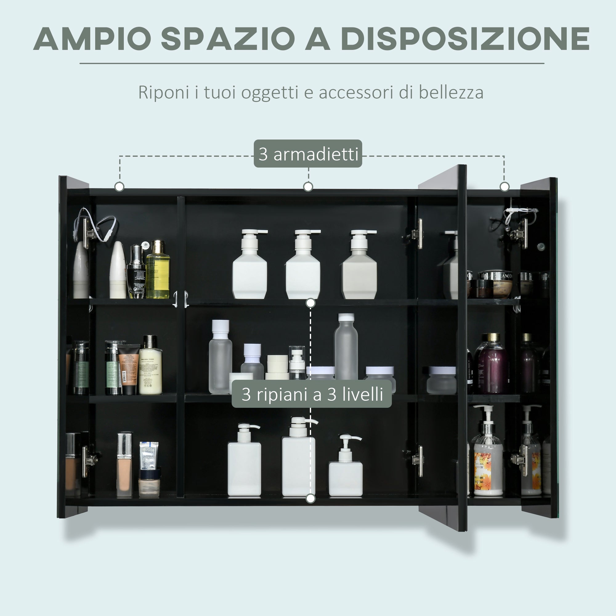 EasyComfort Armadietto spiegelkast wandmontage MDF 3 kastjes 90x15x65 cm zwart