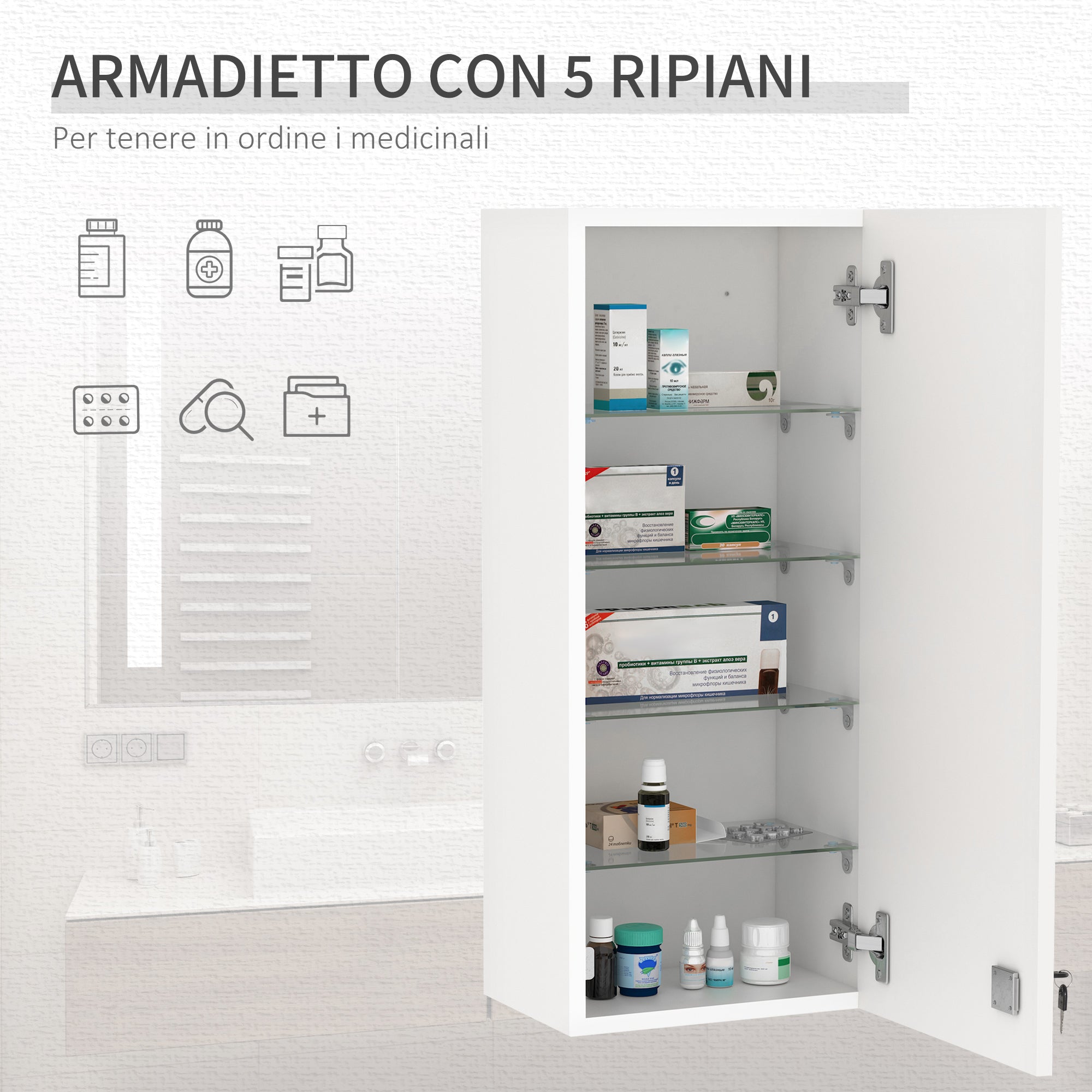 Easycomfort Armadietto Medicinali a Muro with Serratura, 5 Ripiani e Mensole Regolabili, in Legno e Vetro, white, 30x20x70cm