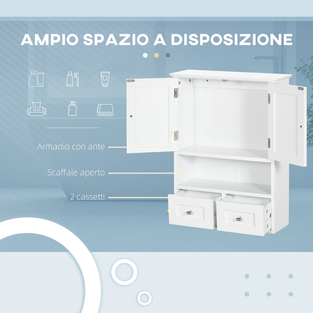 EasyComfort Armadietto Pensile Bagno a 2 Ante with Ripiano Aperto e 2 Cassetti in Legno, white