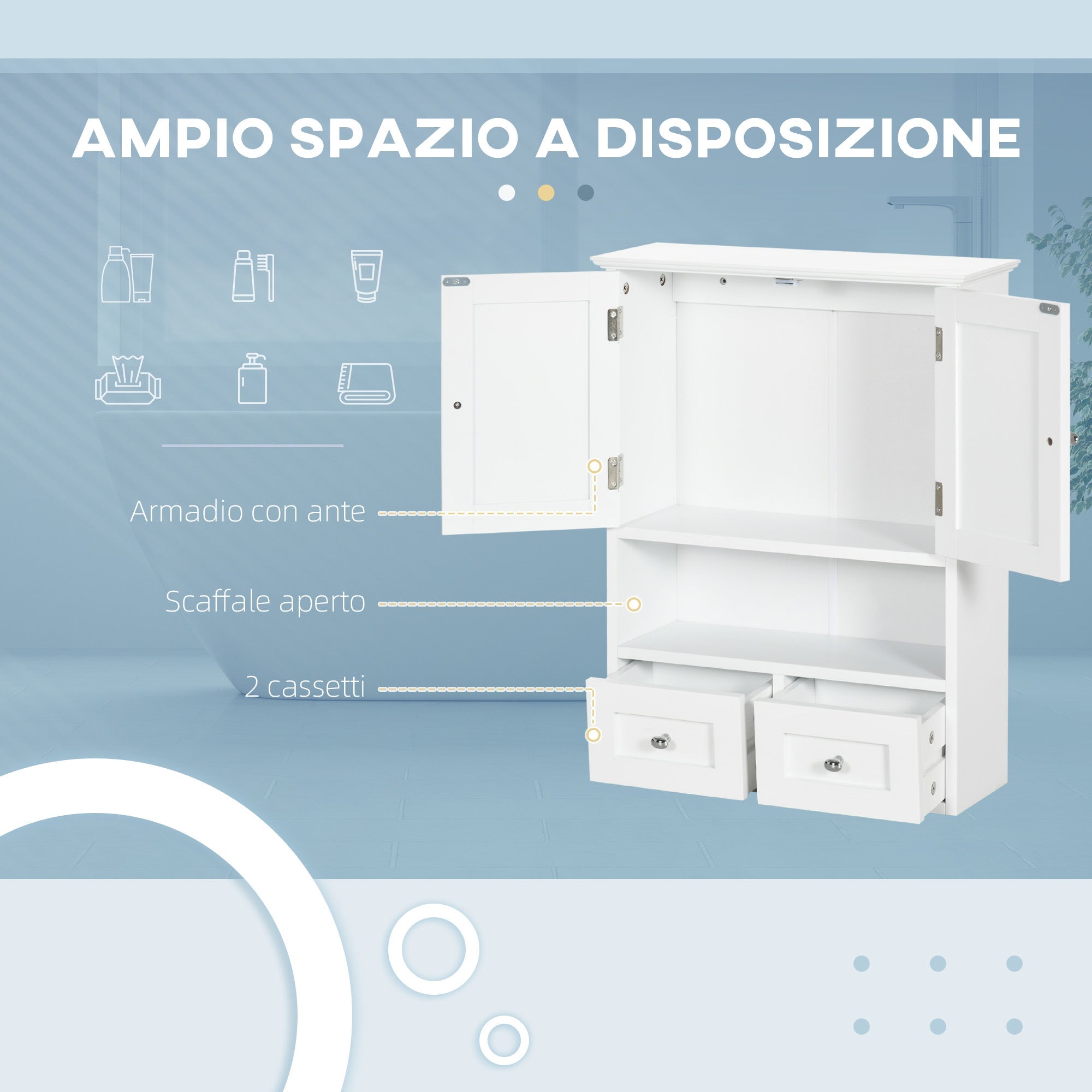 EasyComfort Armadietto Pensile Bagno a 2 Ante with Ripiano Aperto e 2 Cassetti in Legno, white