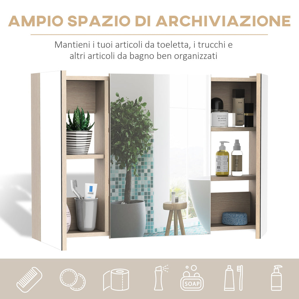 Easycomfort Armadietto Pensile da Bagno wall-mounted with Specchio a 3 Ante e Ripiani Regolabili in Legno 90x60x13.5cm