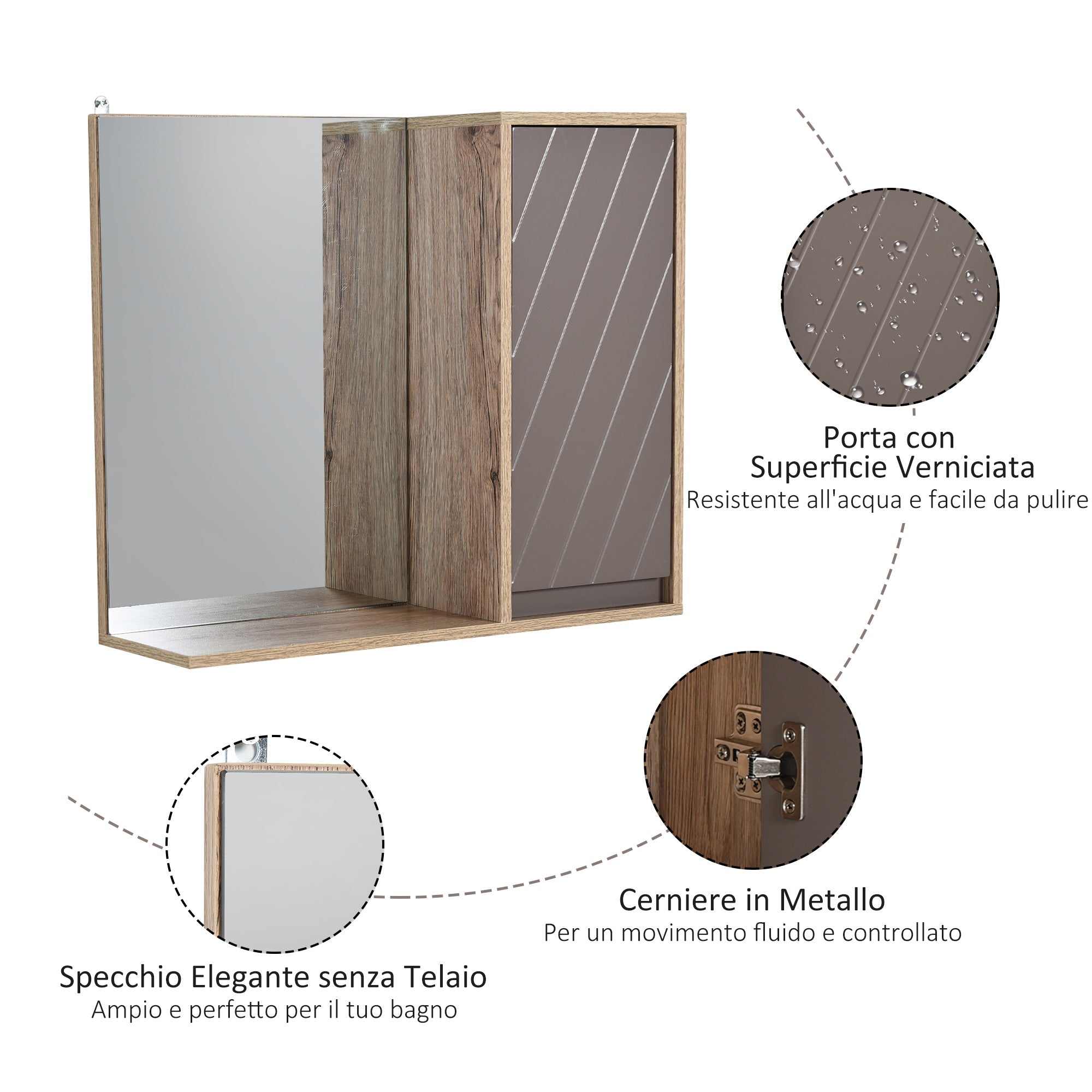 EasyComfort Mobiletto Bagno Salvaspazio da Bagno Sospeso with Specchio e Armadietto, incluso Ripiano Regolabile, Grigio e Rovere