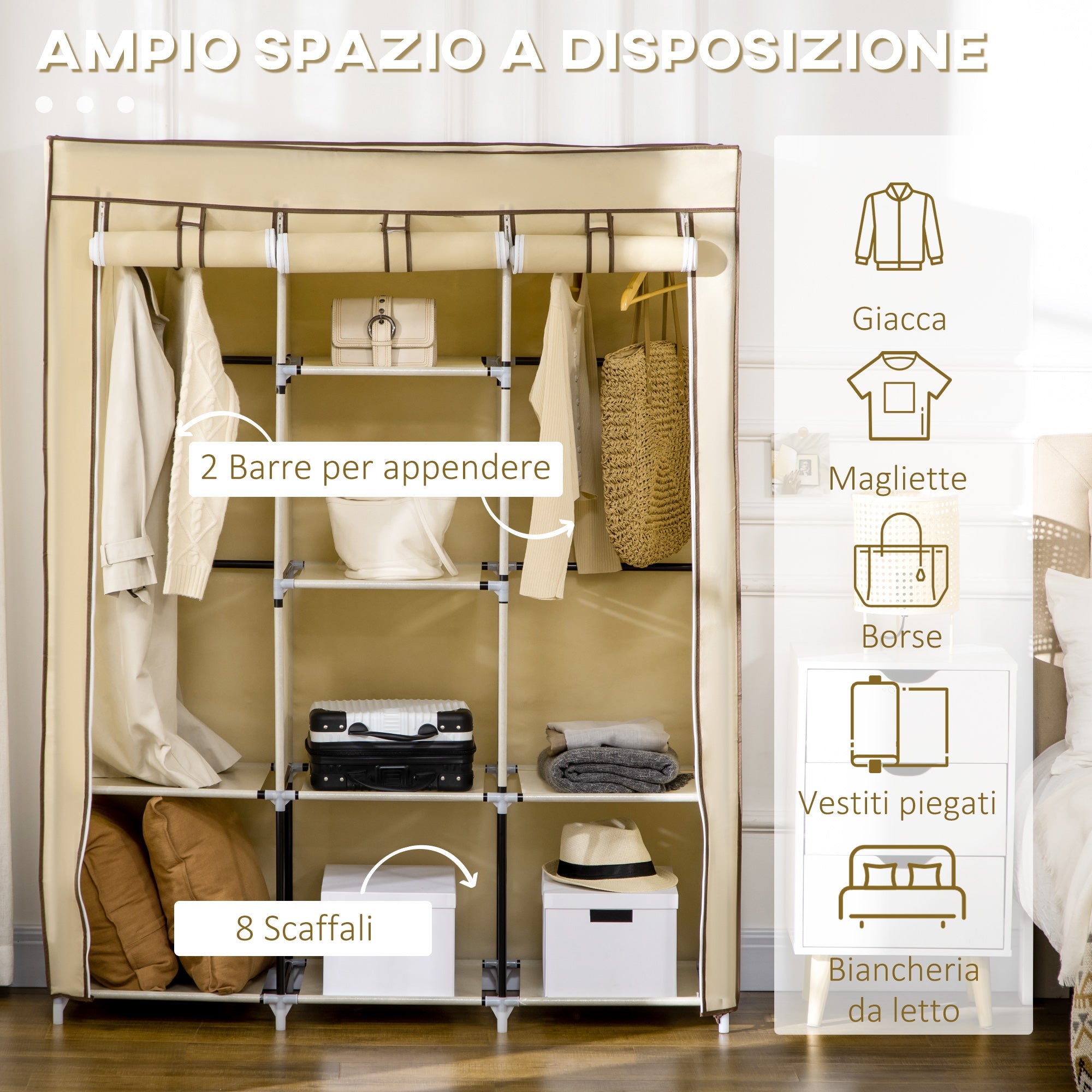 Easycomfort Armadio in Tessuto with 8 Ripiani e 2 Barre with Porta Avvolgibile, 125x46x162.5cm, Beige