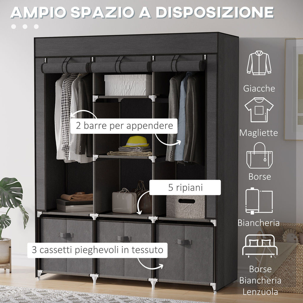 EasyComfort Armadio in Tessuto Pieghevole with Cassetti e Ante Avvolgibili with Zip, 125x43x162.5cm, Grigio Scuro