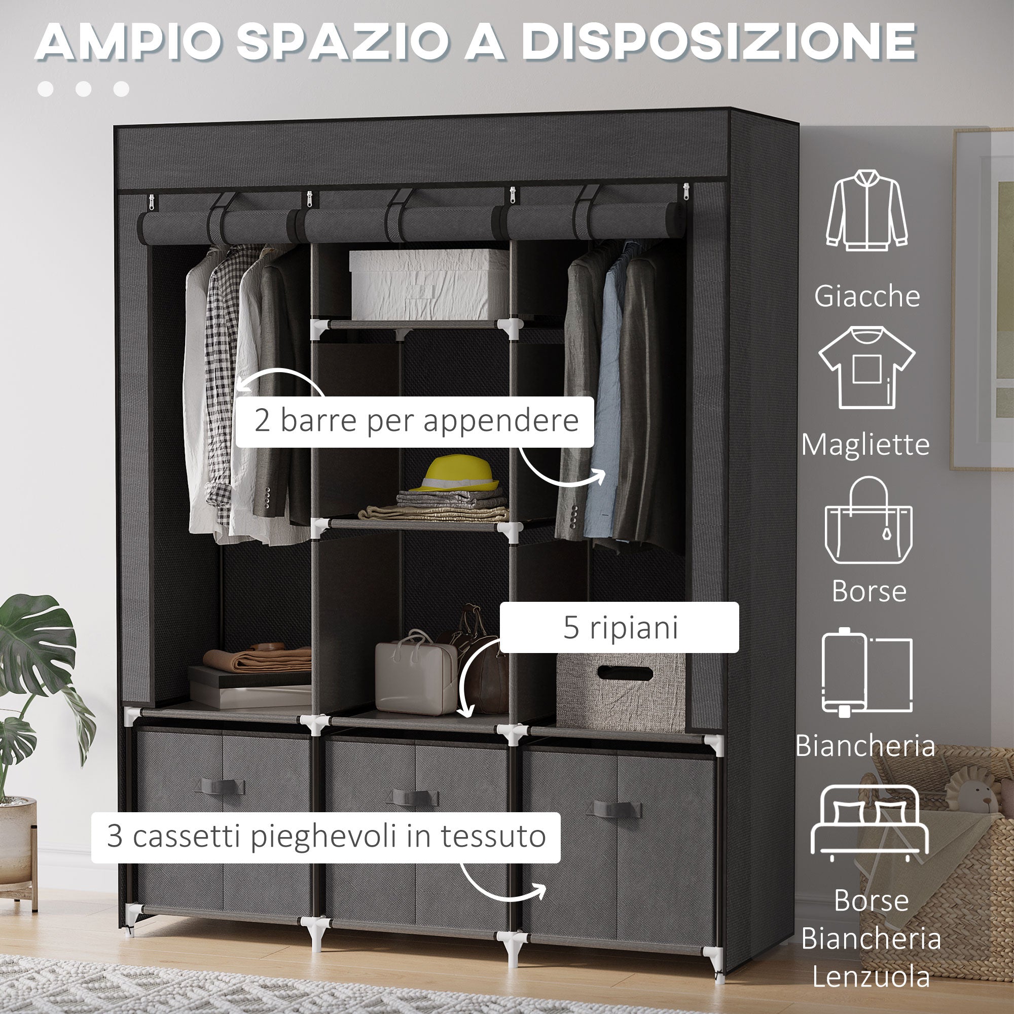 EasyComfort Armadio in Tessuto Pieghevole with Cassetti e Ante Avvolgibili with Zip, 125x43x162.5cm, Grigio Scuro