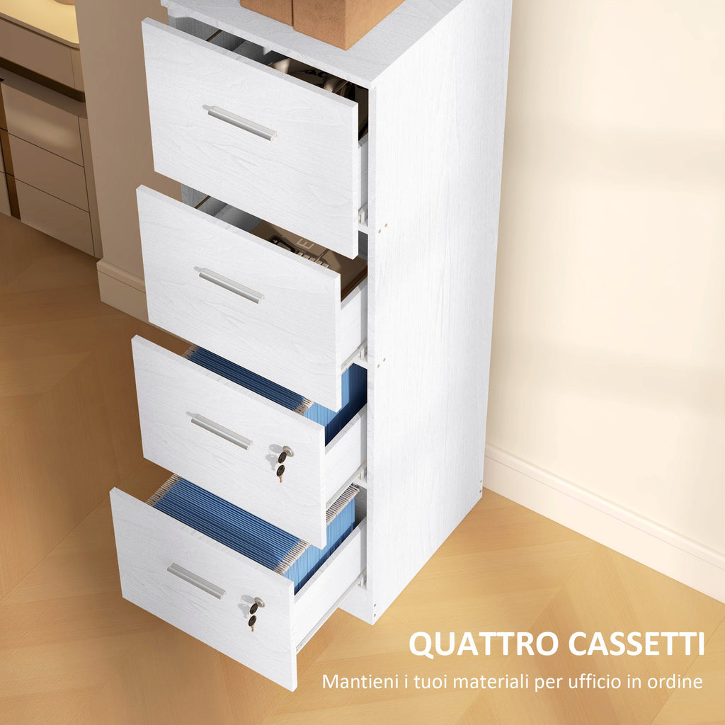 EasyComfort Armadio per Ufficio a 4 Cassetti con 2 Serrature e Barra Portadocumenti, in Legno, 40x42x130.8 cm, Bianco