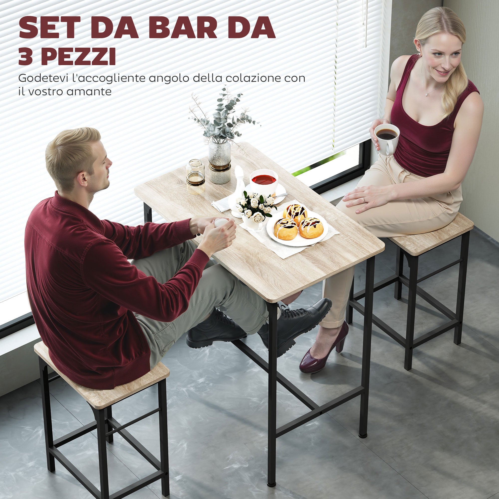 EasyComfort Arredamento Bar 3 Pezzi barset (tafel + 2 krukken) hout/staal
