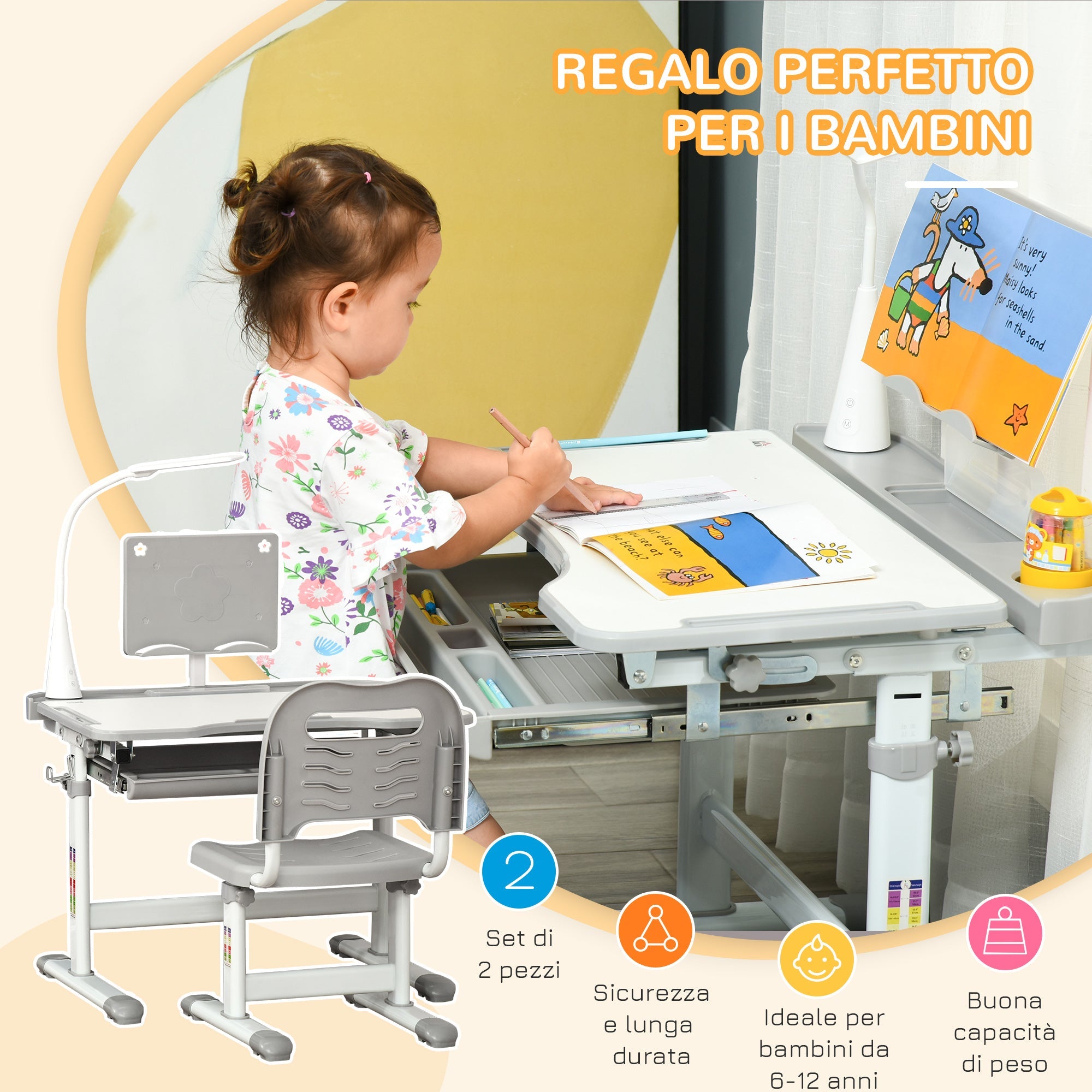 EasyComfort Banco Scuola kinderbureau set, verstelbaar, grijs
