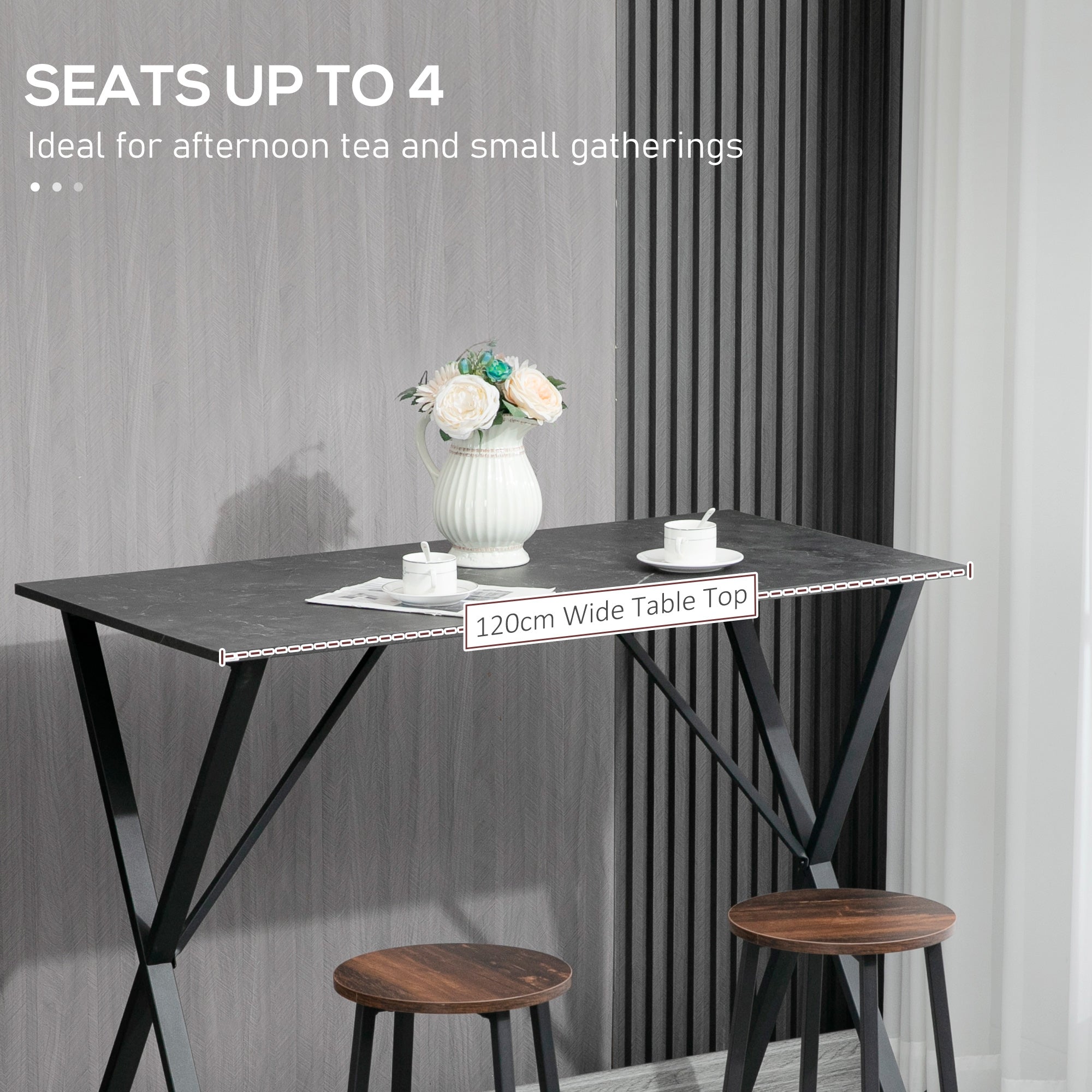 Easycomfort Bancone Bar Tavolo Alto Stile Industriale Effetto Marmo, Legno e Acciaio 120x60x102 cm, black