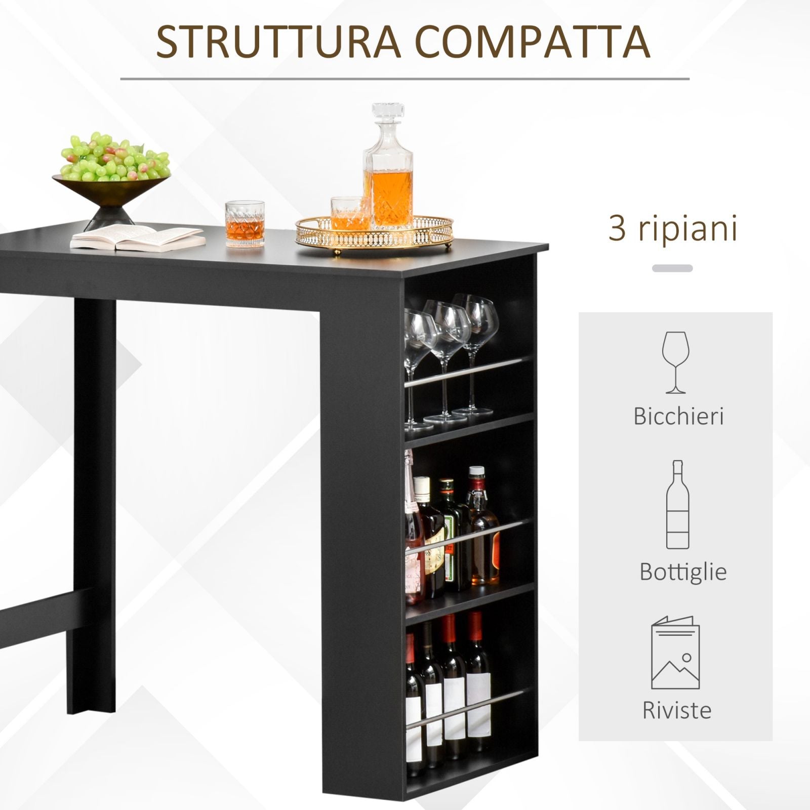 Easycomfort Bancone da Cucina Tavolo Alto with 3 Mensole in Legno, Tavolo da Bar Cucina Arredamento Moderno Casa e Bar, 112x57x106cm, black
