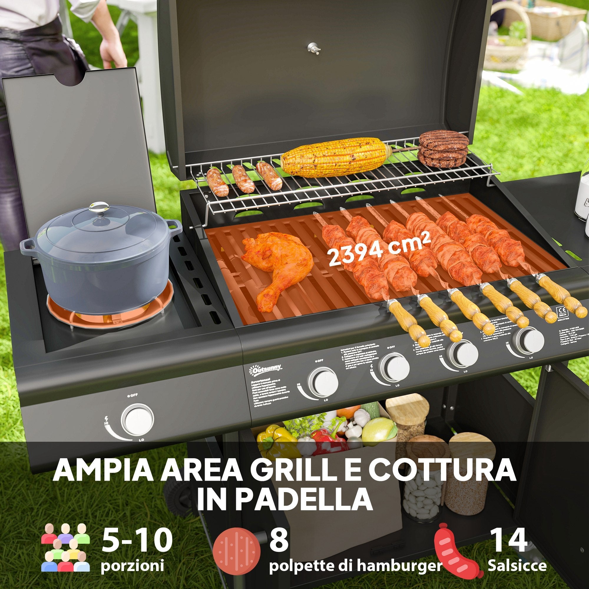 EasyComfort Barbecue a Gas with Fornello Laterale, Tavolino e Armadietto, in Acciaio e PP, 129.5x56x110 cm, black