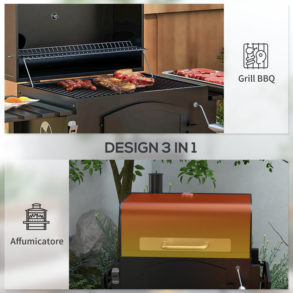 EasyComfort Barbecue da Giardino a 2 Ruote with Griglia, Affumicatore e Fornello, in Metallo e Ghisa, 124x66x112 cm, black