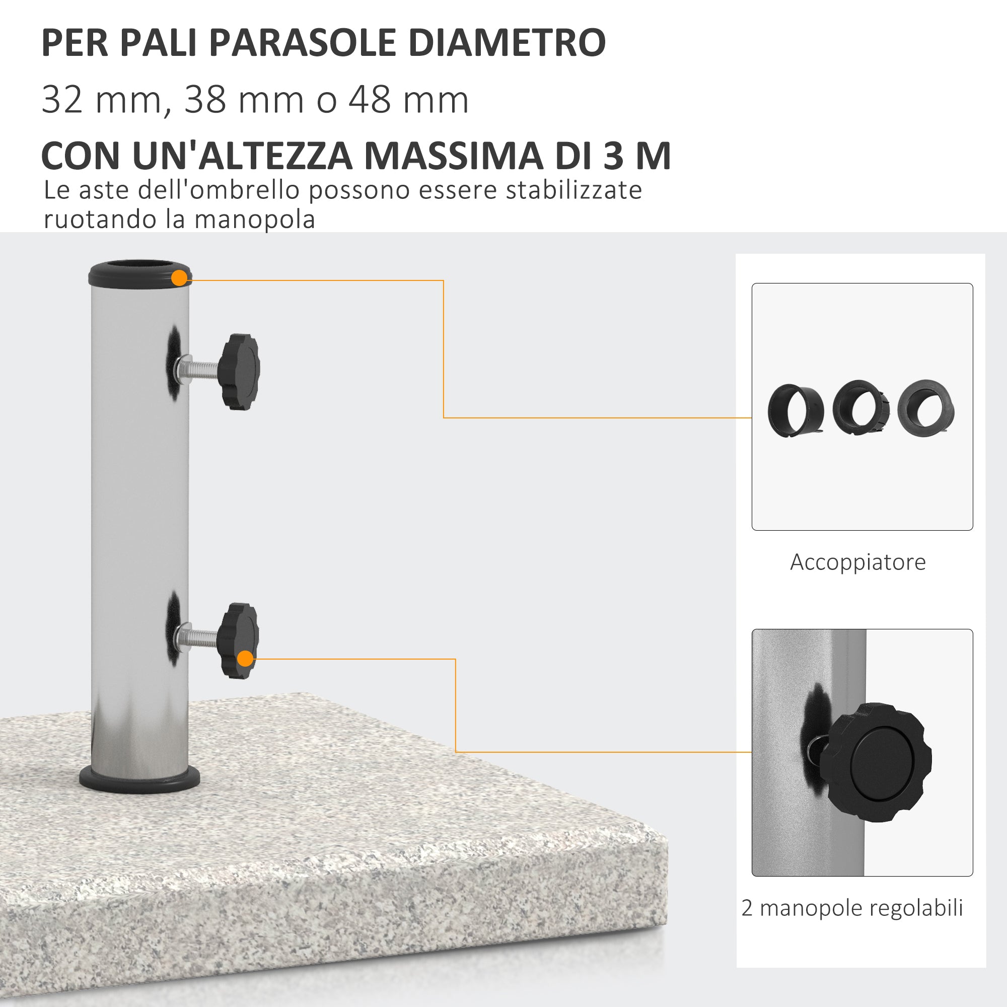 EasyComfort Base parasolvoet 25 kg voor palen Ø32/Ø38/Ø48, graniet/roestvrij staal