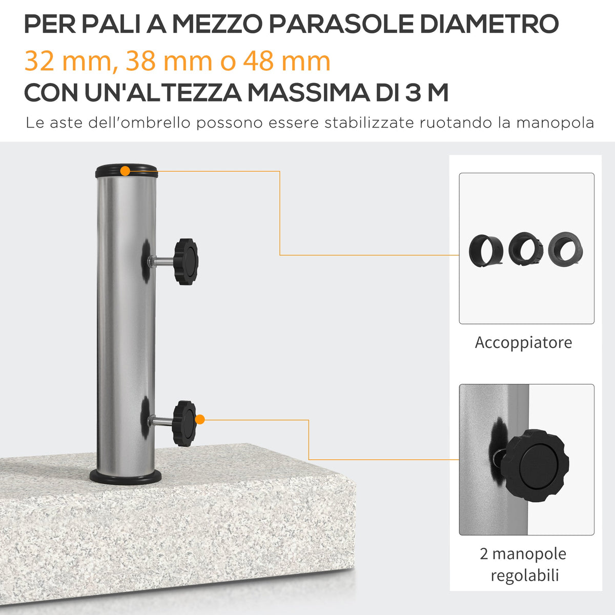 EasyComfort parasolvoet 25 kg voor palen Ø32/Ø38/Ø48 mm, graniet & RVS, 45x22.5x40 cm, grijs
