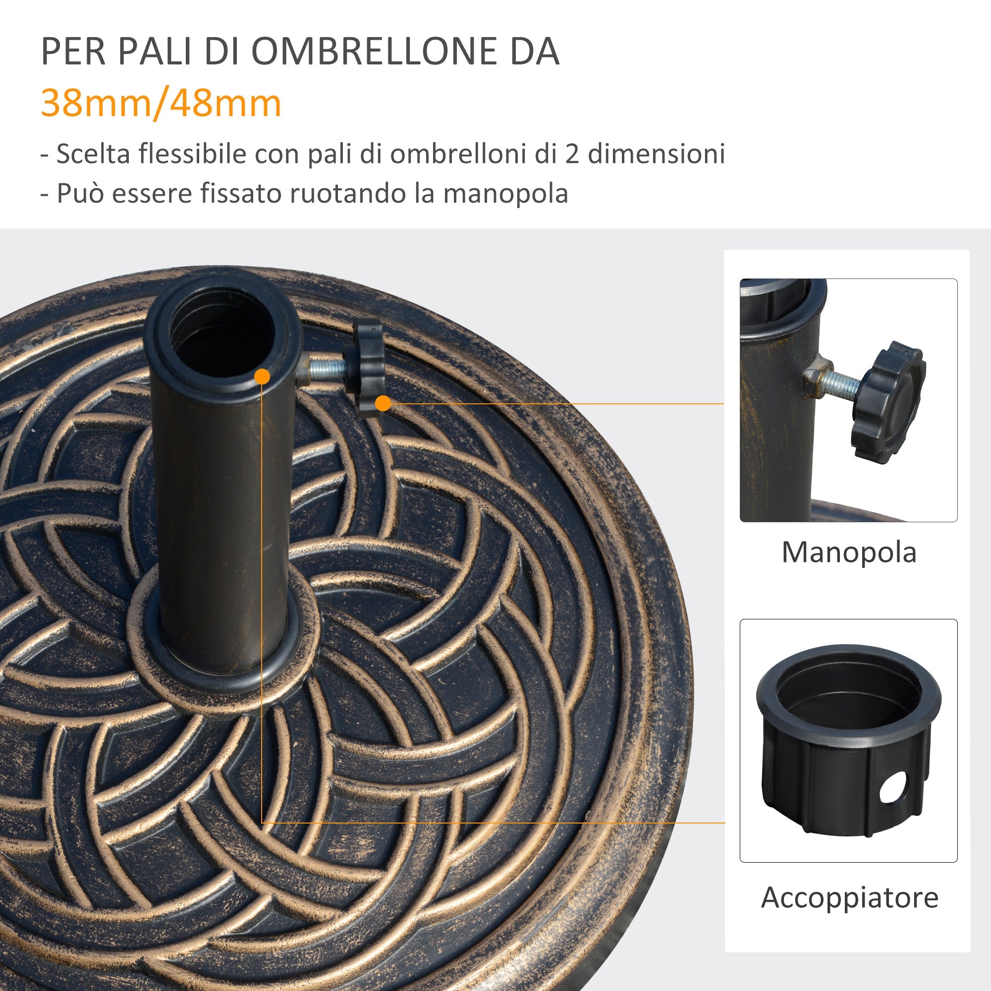 Easycomfort Base per Ombrellone Rotonda da 12kg in Resina with Decorazione, per Pali da 38mm e 48mm, Φ45x33cm, Bronzo