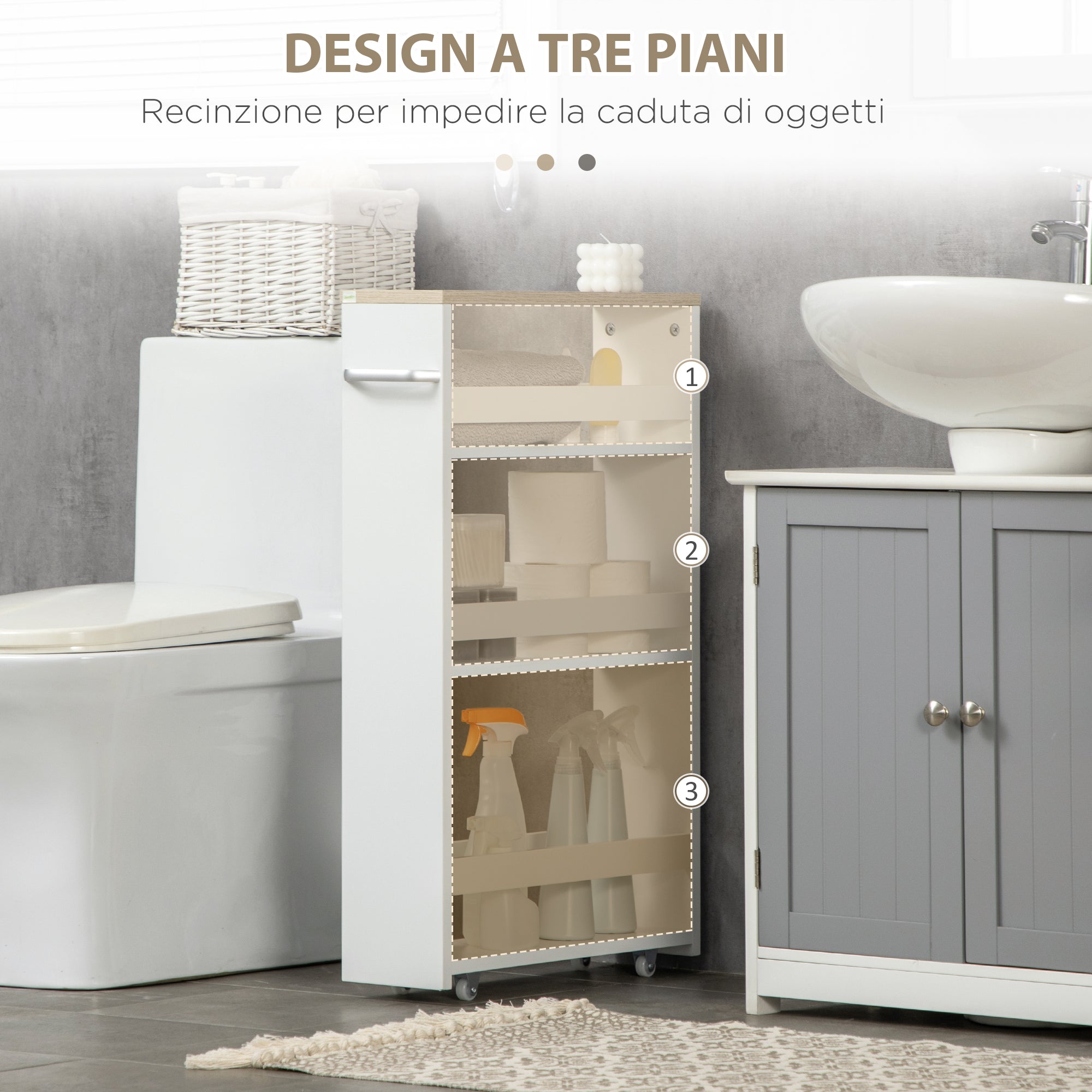 Easycomfort Carrello Bagno Salvaspazio a 3 Ripiani with Rotelle e Maniglia in Legno, 48x15x80cm, white