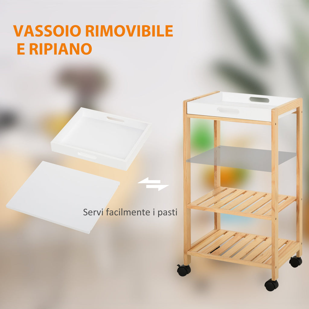 Easycomfort Carrello da Cucina a 4 Livelli in MDF e Legno di Pino with 4 Ruote Girevoli, 40x30x76 cm, white e Marrone