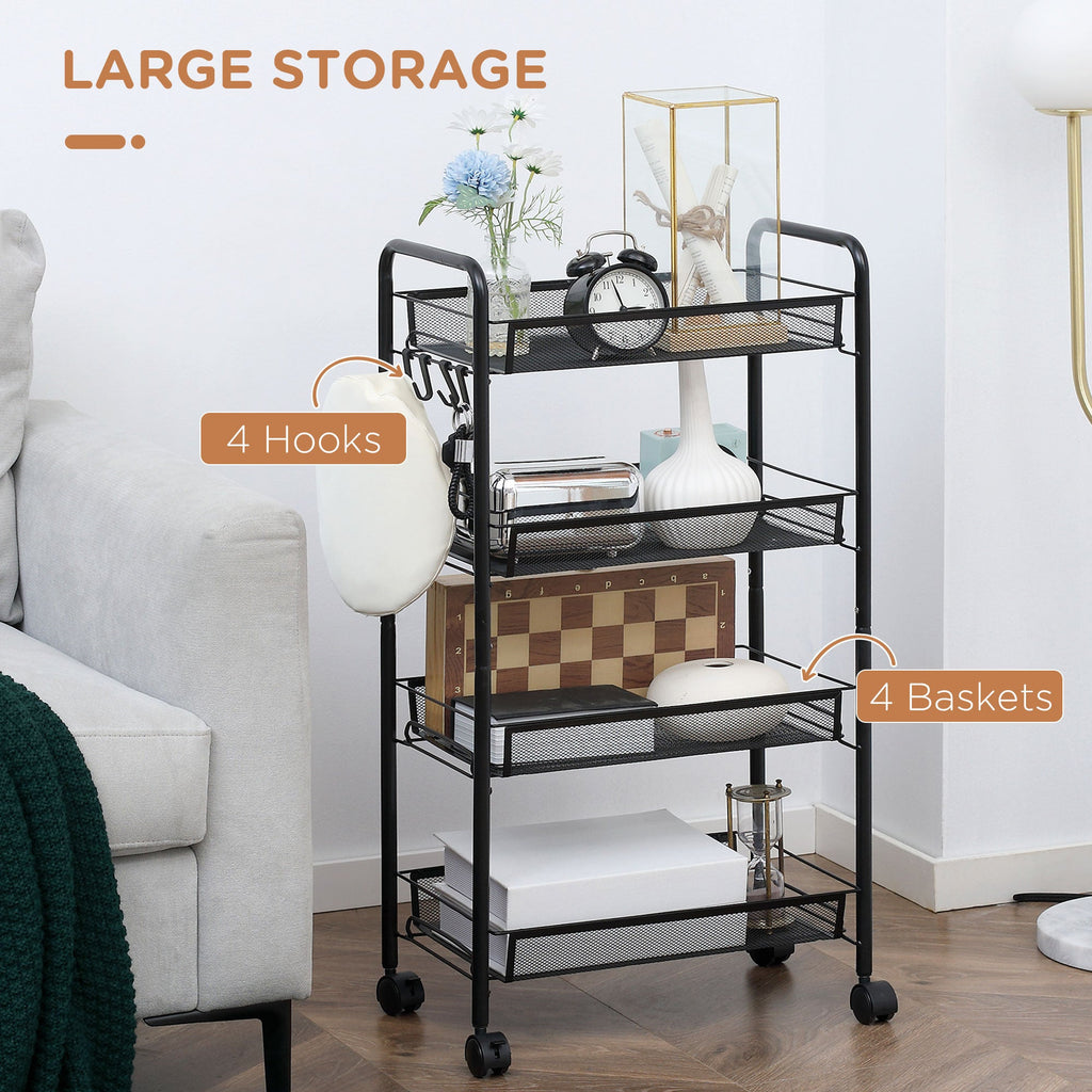 Easycomfort Carrello da Cucina a 4 Ripiani Rimovibili with 4 Ganci e Ruote, in Acciaio e Plastica PP, 45x26.5x84 cm, black