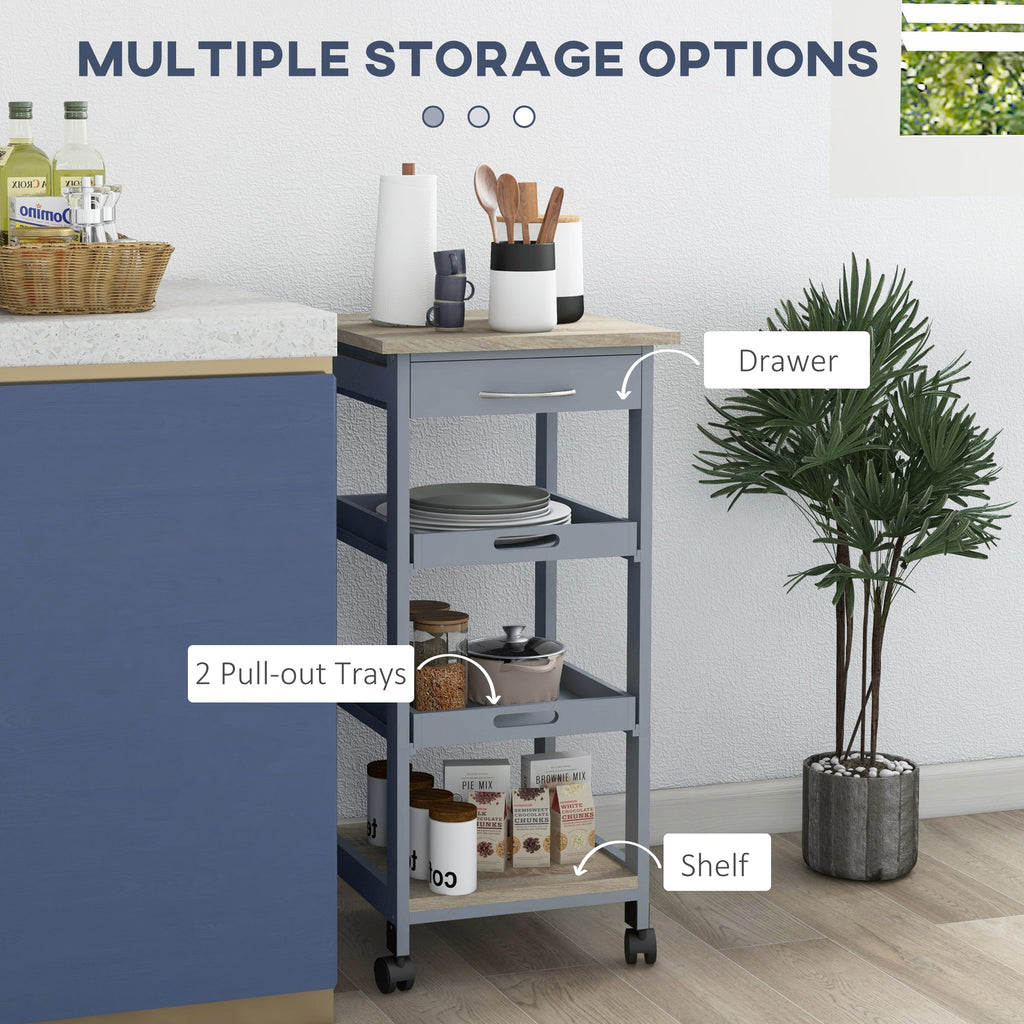 Easycomfort Carrello da Cucina with Cassetto, 2 Vassoi Estraibili e Ripiano Fisso, in Legno di Pino e MDF, 37x37x76 cm