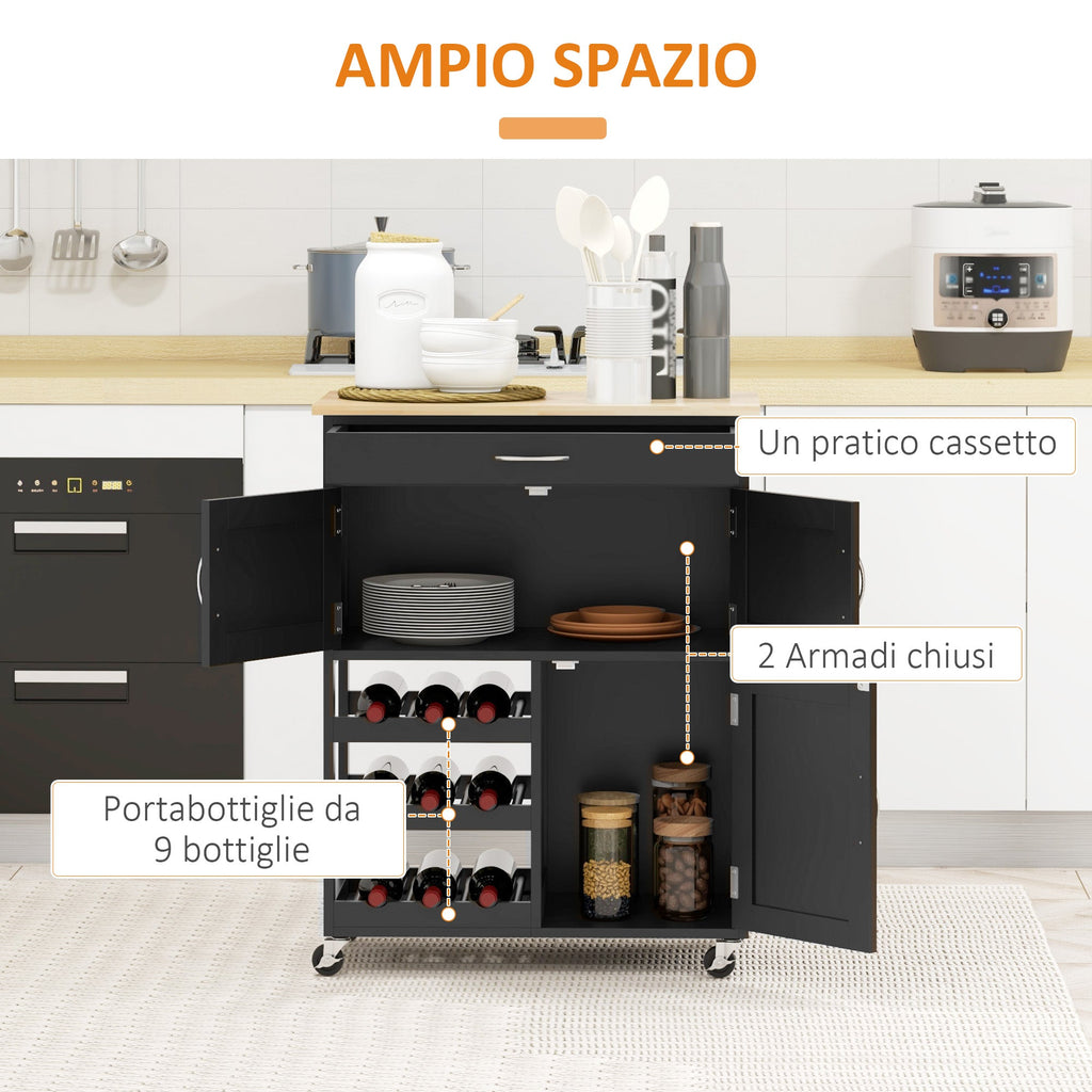 EasyComfort Carrello da Cucina in Legno with Portabottiglie, 3 Ante e Cassetto, 67x37x87 cm, black e Rovere