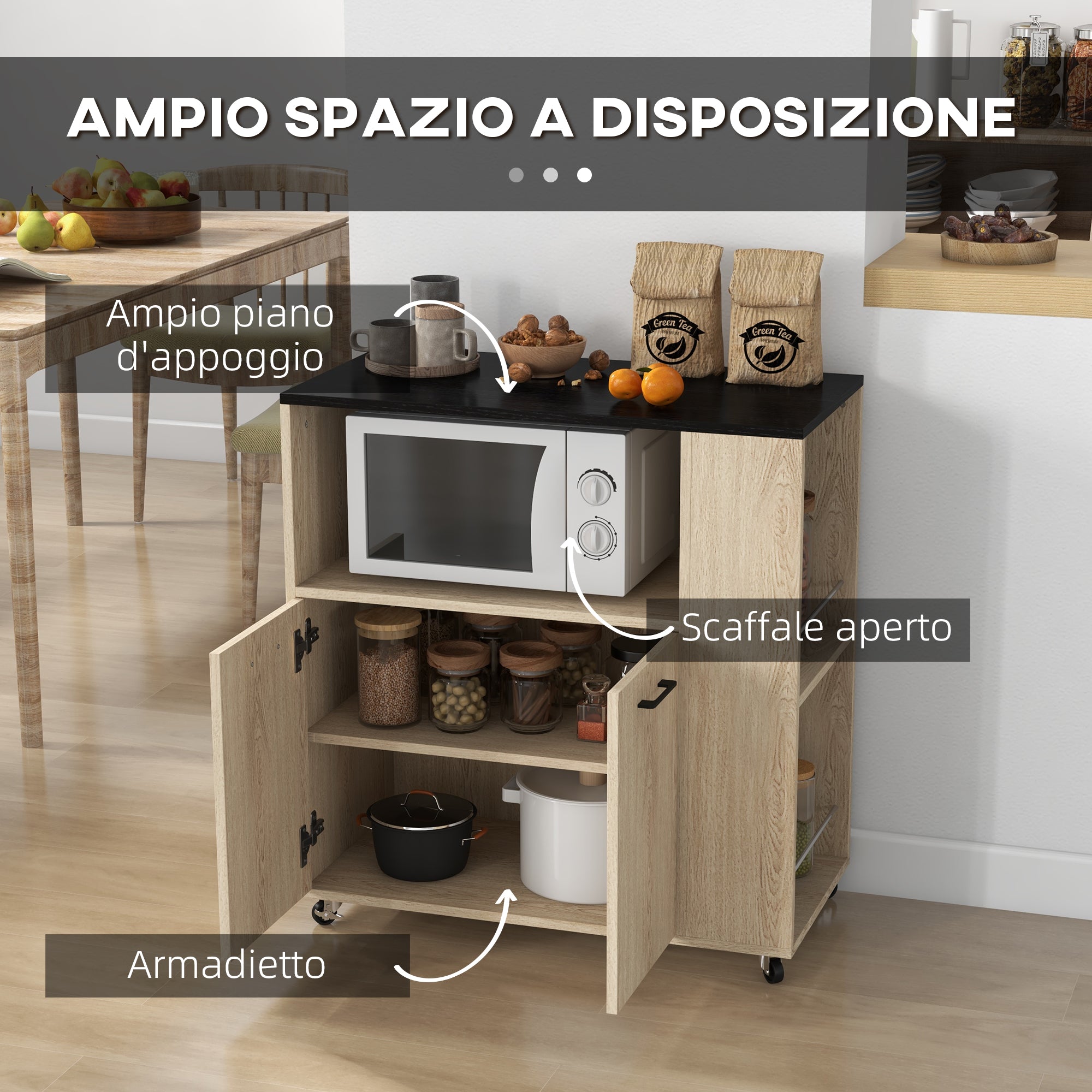 Easycomfort Carrello da Cucina in Truciolato with Ripiano Aperto, Armadietto a 2 Ante e Scaffale Laterale, 75x40x80.5 cm