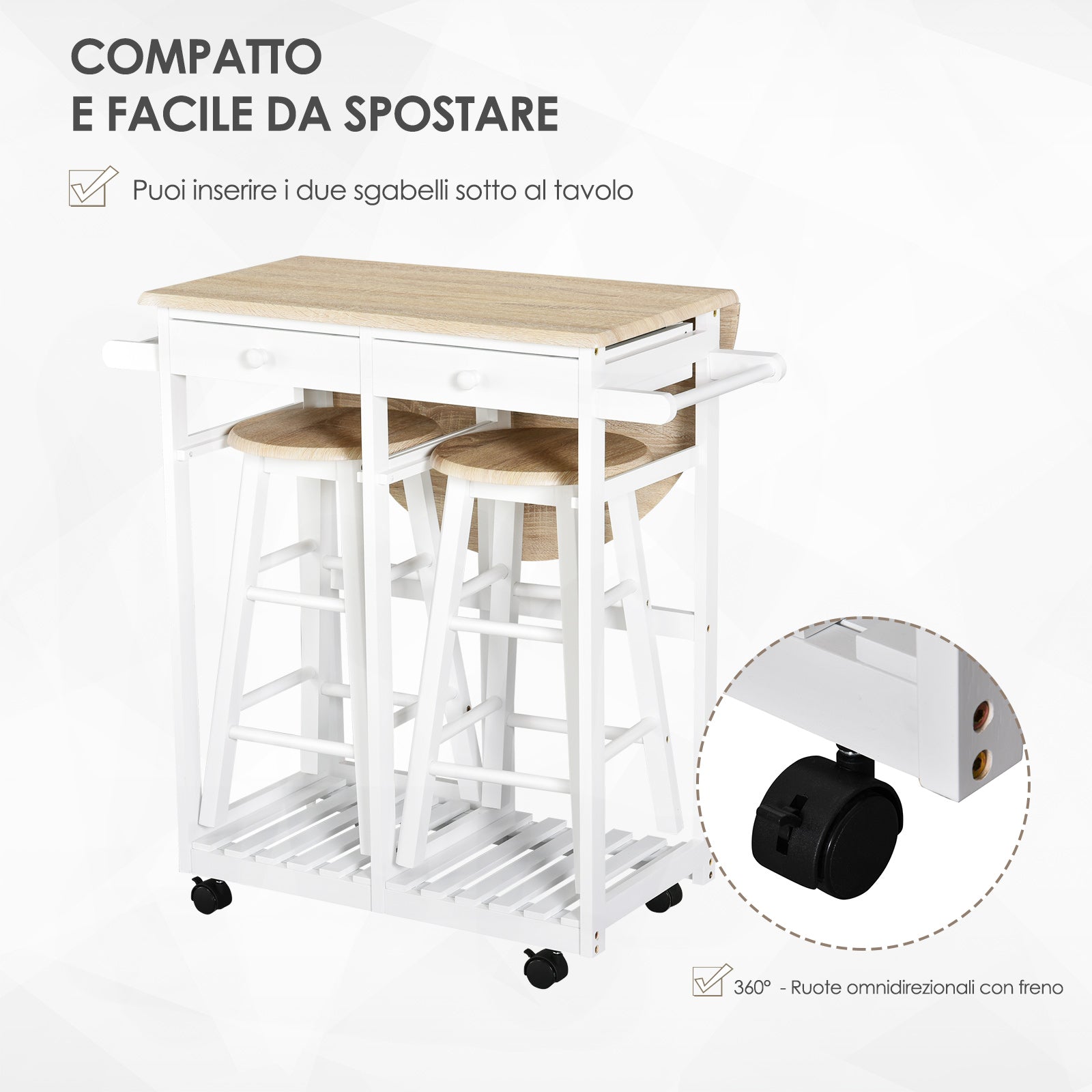 Easycomfort Carrello da Cucina Pieghevole, Mobile da Cucina Salvaspazio with 2 Sgabelli 2 Cassetti 5 Ruote (Rotazione 360°), Legno MDF white