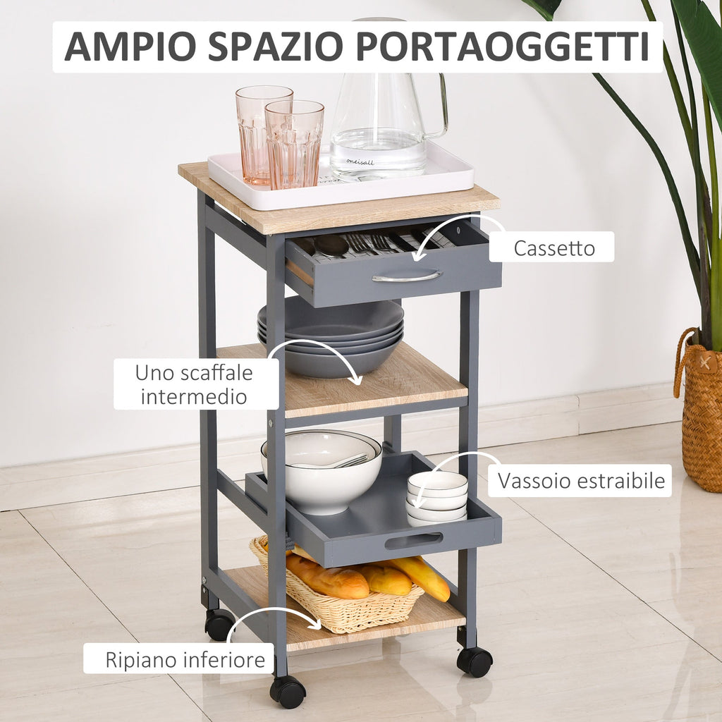 Easycomfort Carrello da Cucina Portavivande with Cassetto, 2 Ripiani e Vassoio Estraibile, 37x37x76cm, Grigio