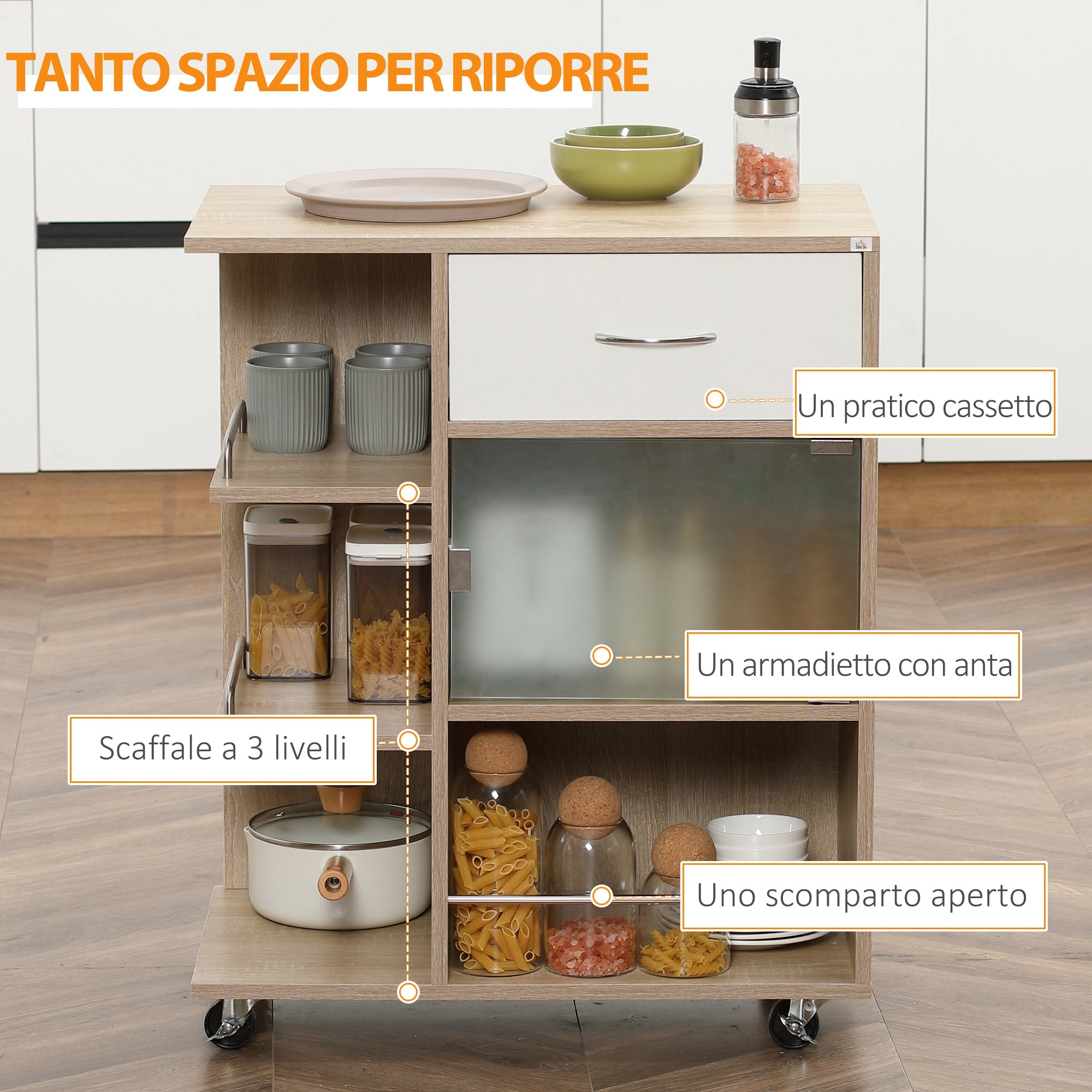 Easycomfort Carrello da Cucina Portavivande with Cassetto, Ripiani e Armadietto in Legno, Acciaio e Vetro, 65x39x80cm