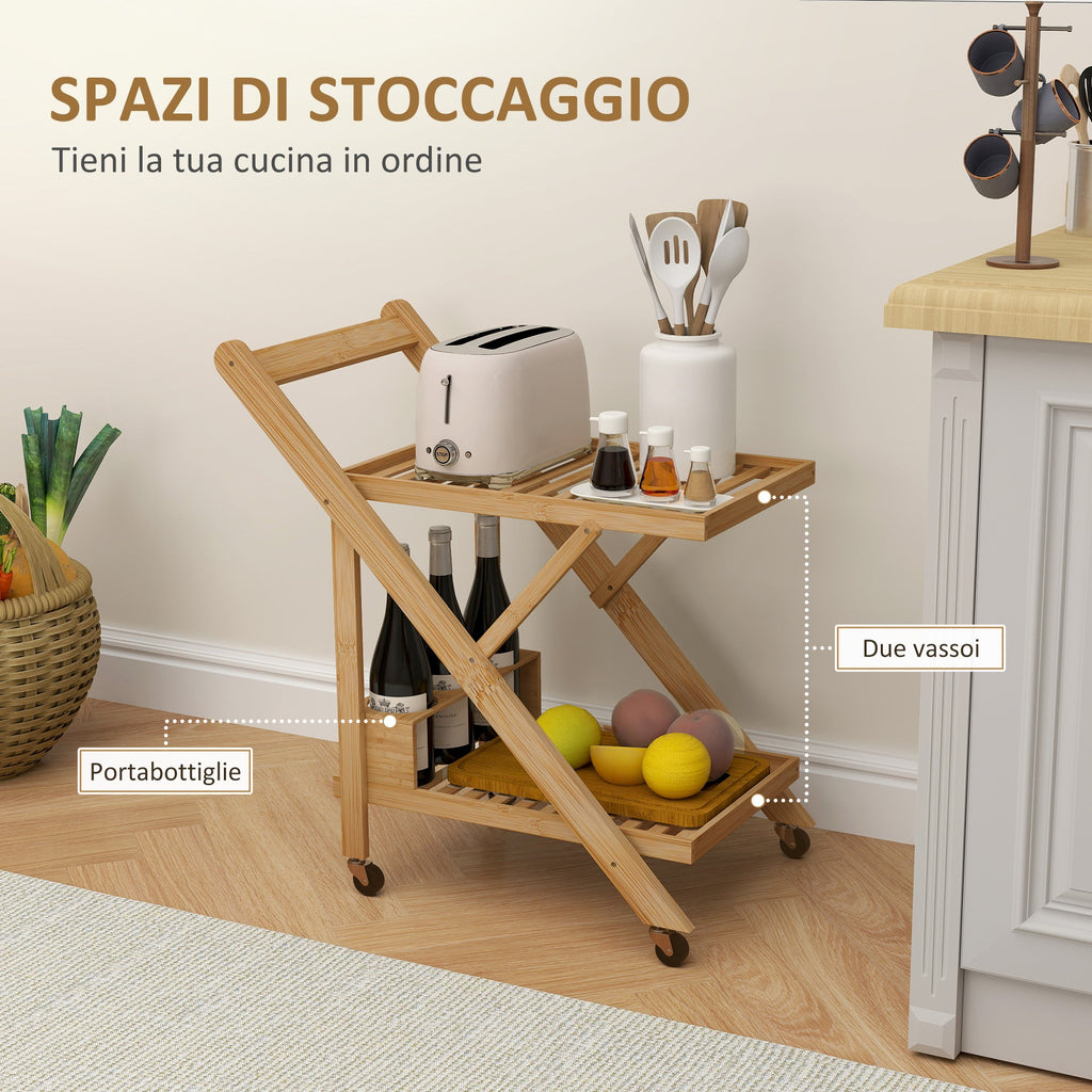 EasyComfort Carrello da Cucina Portavivande Pieghevole a 2 Livelli with Portabottiglie in Legno di Bambù