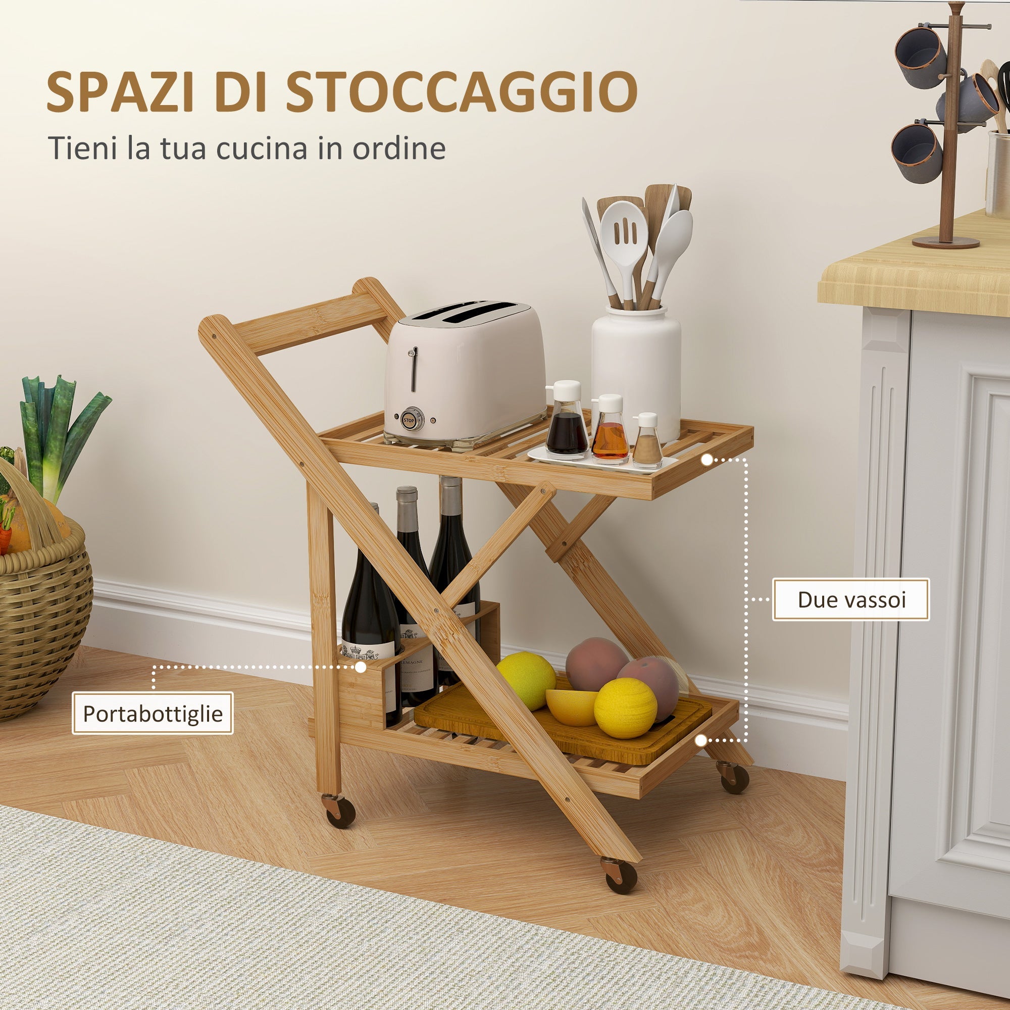 EasyComfort Carrello da Cucina Portavivande Pieghevole a 2 Livelli with Portabottiglie in Legno di Bambù